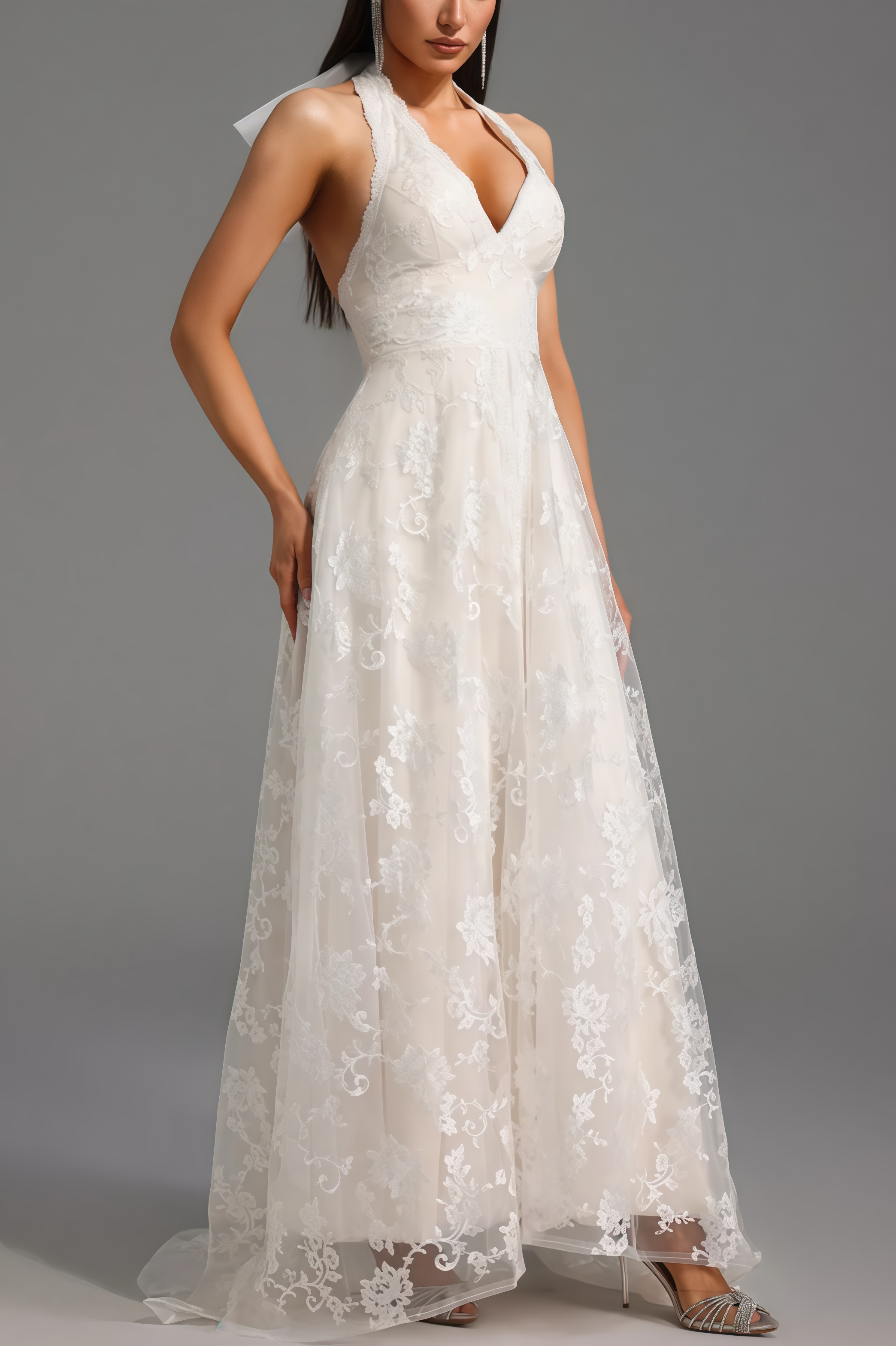 Albine Halter Sleeveless V-Neck Lace Maxi Dress