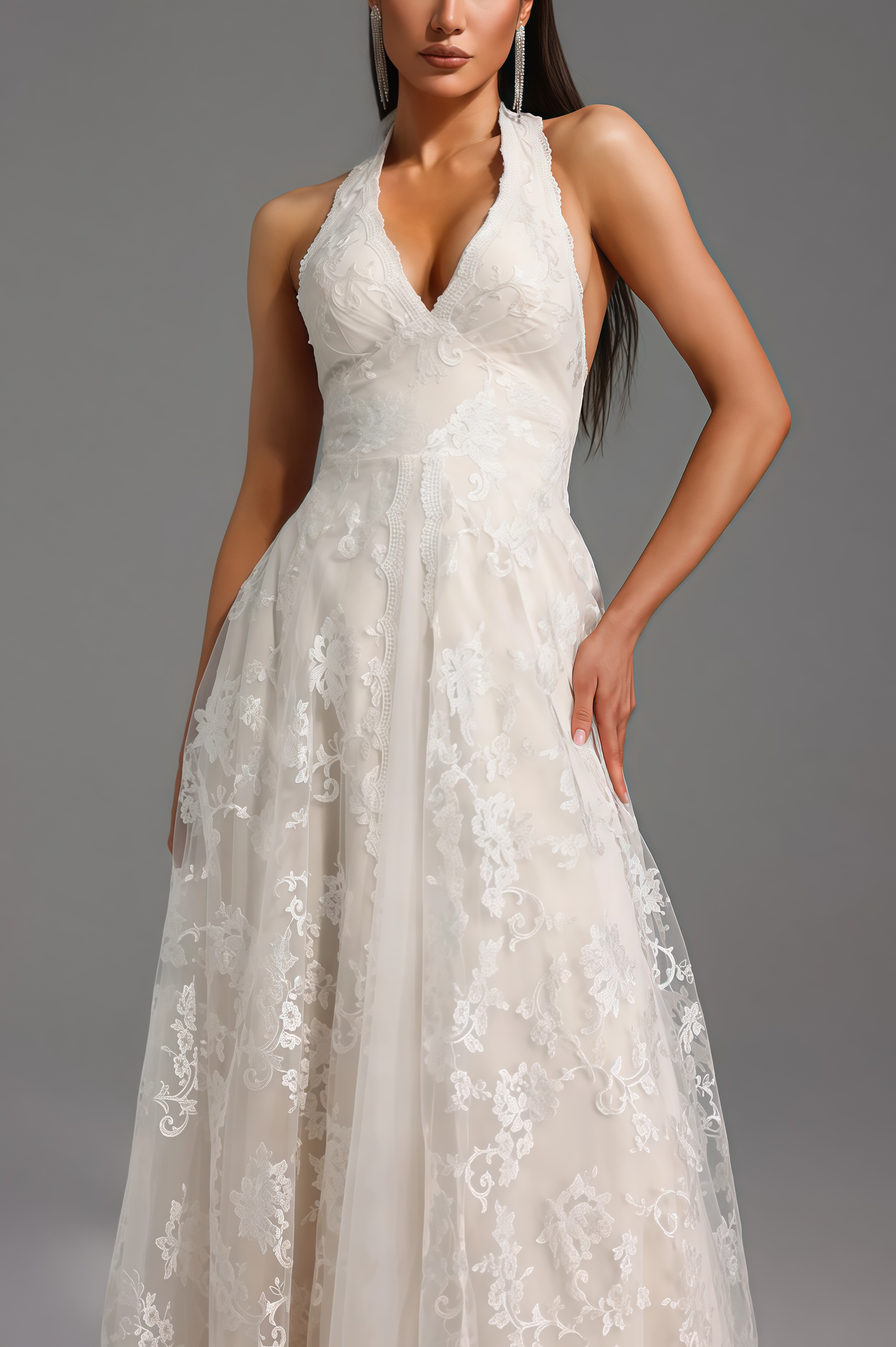 Albine Halter Sleeveless V-Neck Lace Maxi Dress