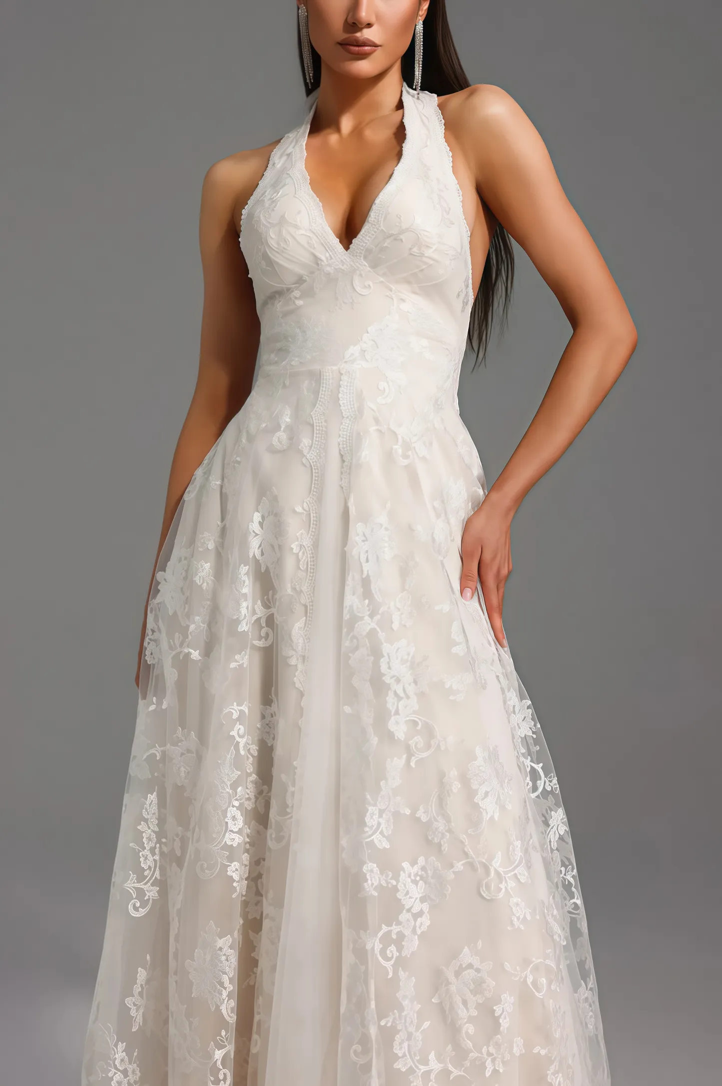 Albine Halter Sleeveless V-Neck Lace Maxi Dress