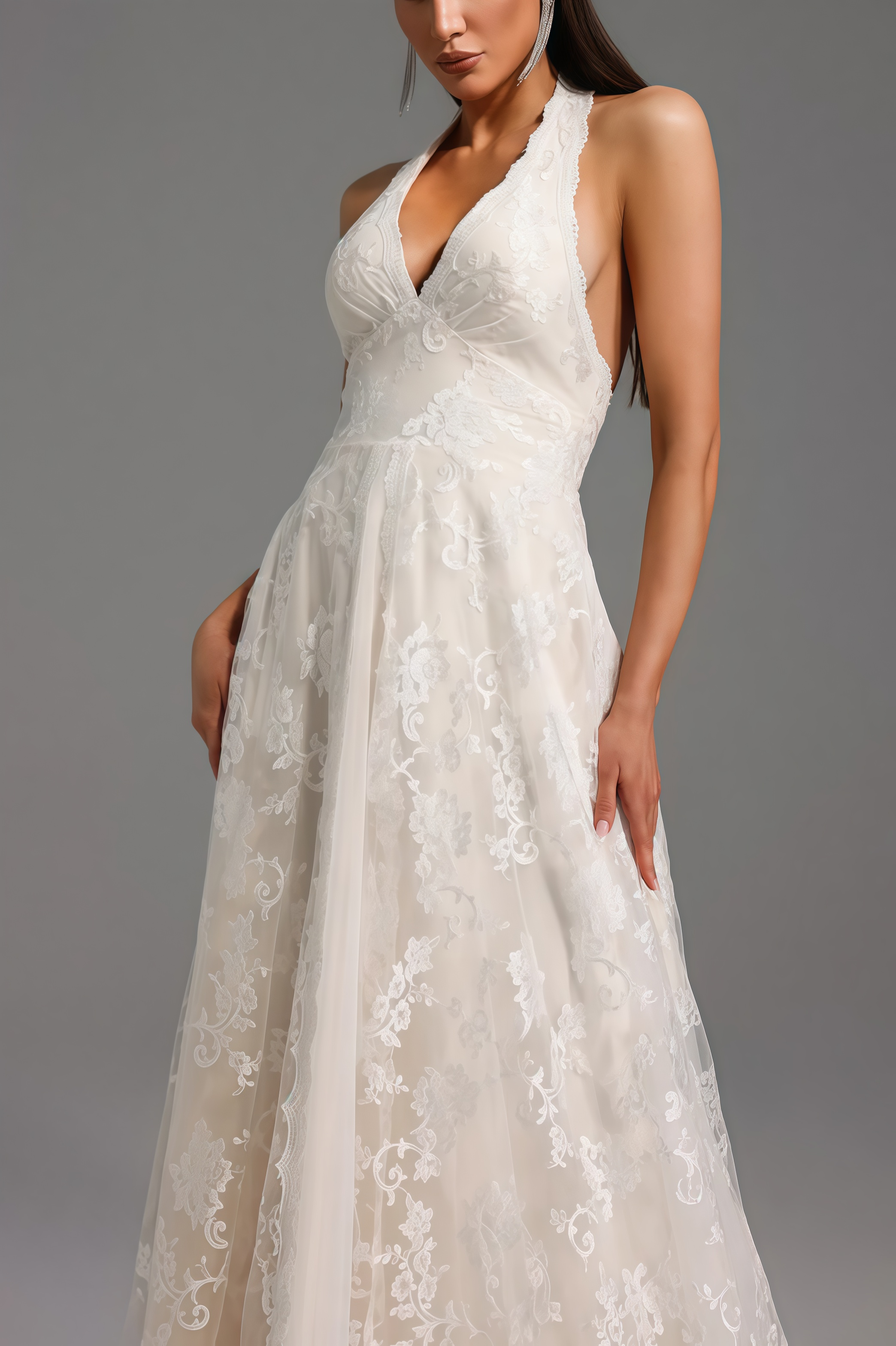Albine Halter Sleeveless V-Neck Lace Maxi Dress