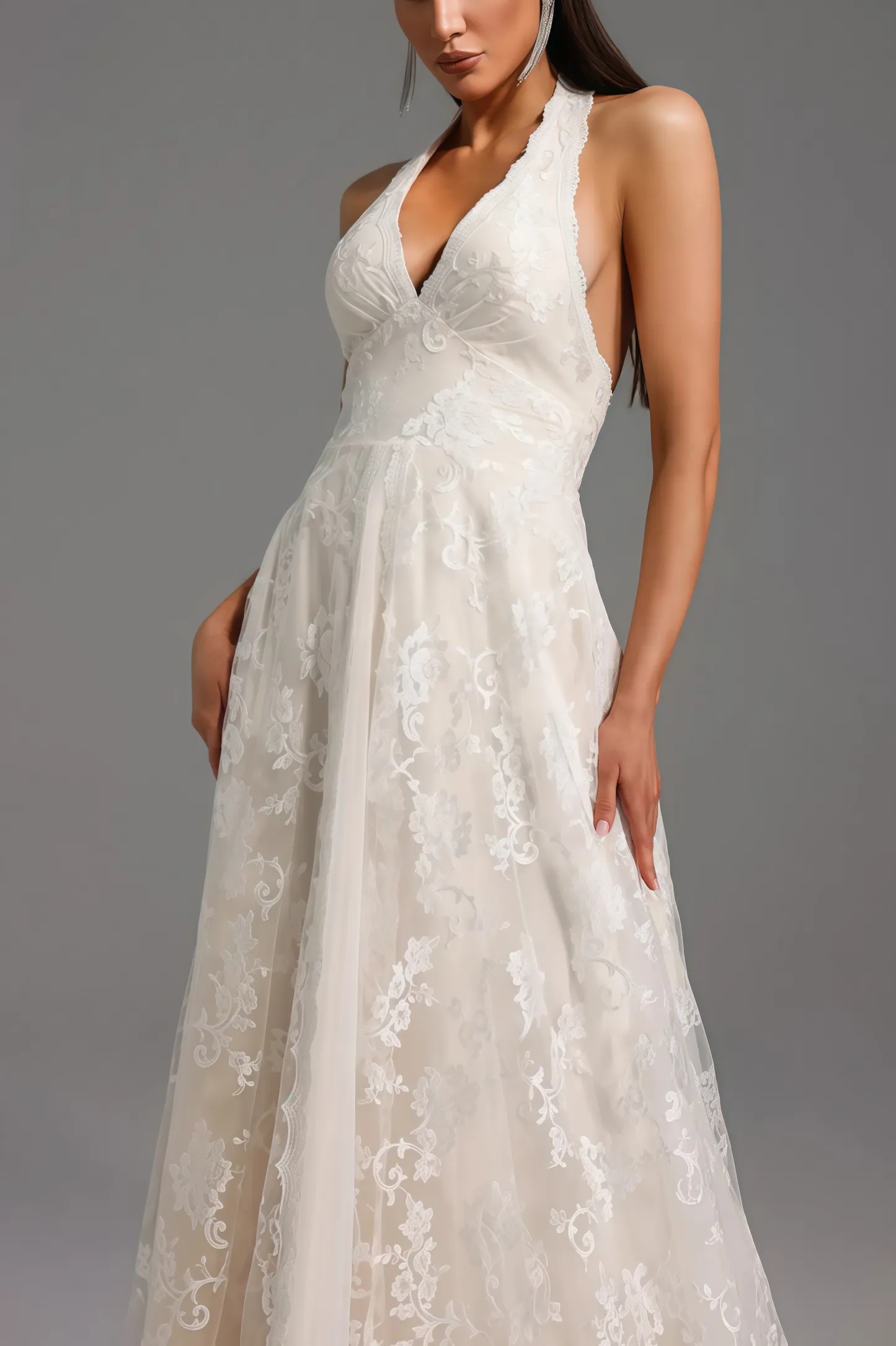 Albine Halter Sleeveless V-Neck Lace Maxi Dress