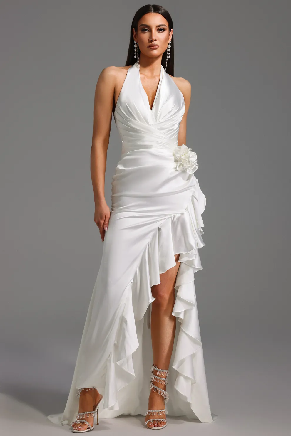 Mirisan Halter V-Neck Flowers Flounce Maxi Dress