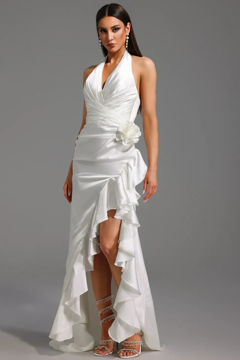 Mirisan Halter V-Neck Flowers Flounce Maxi Dress