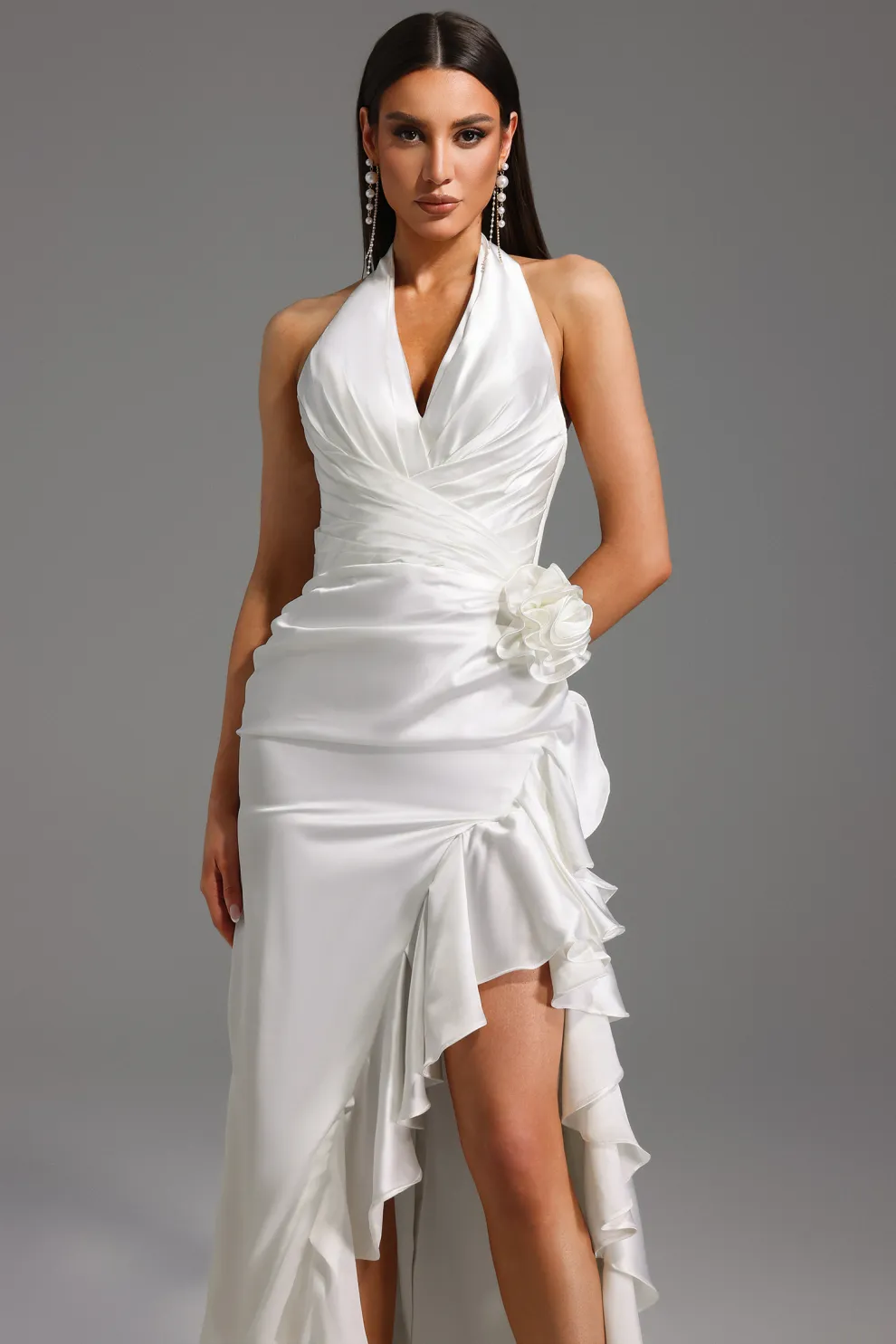 Mirisan Halter V-Neck Flowers Flounce Maxi Dress
