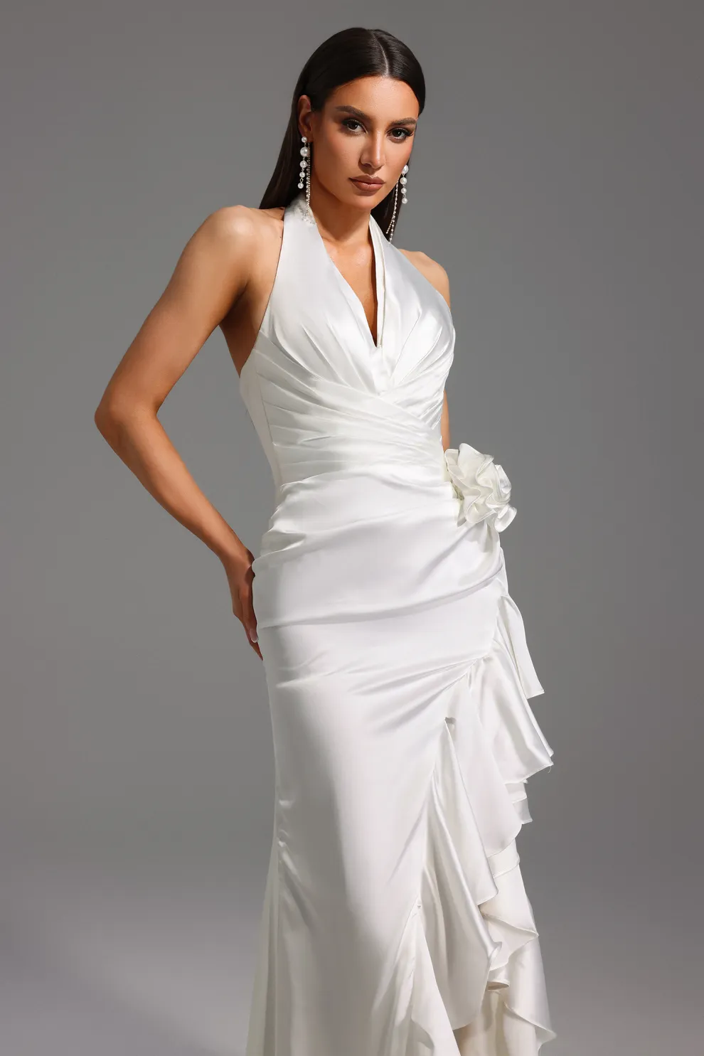 Mirisan Halter V-Neck Flowers Flounce Maxi Dress