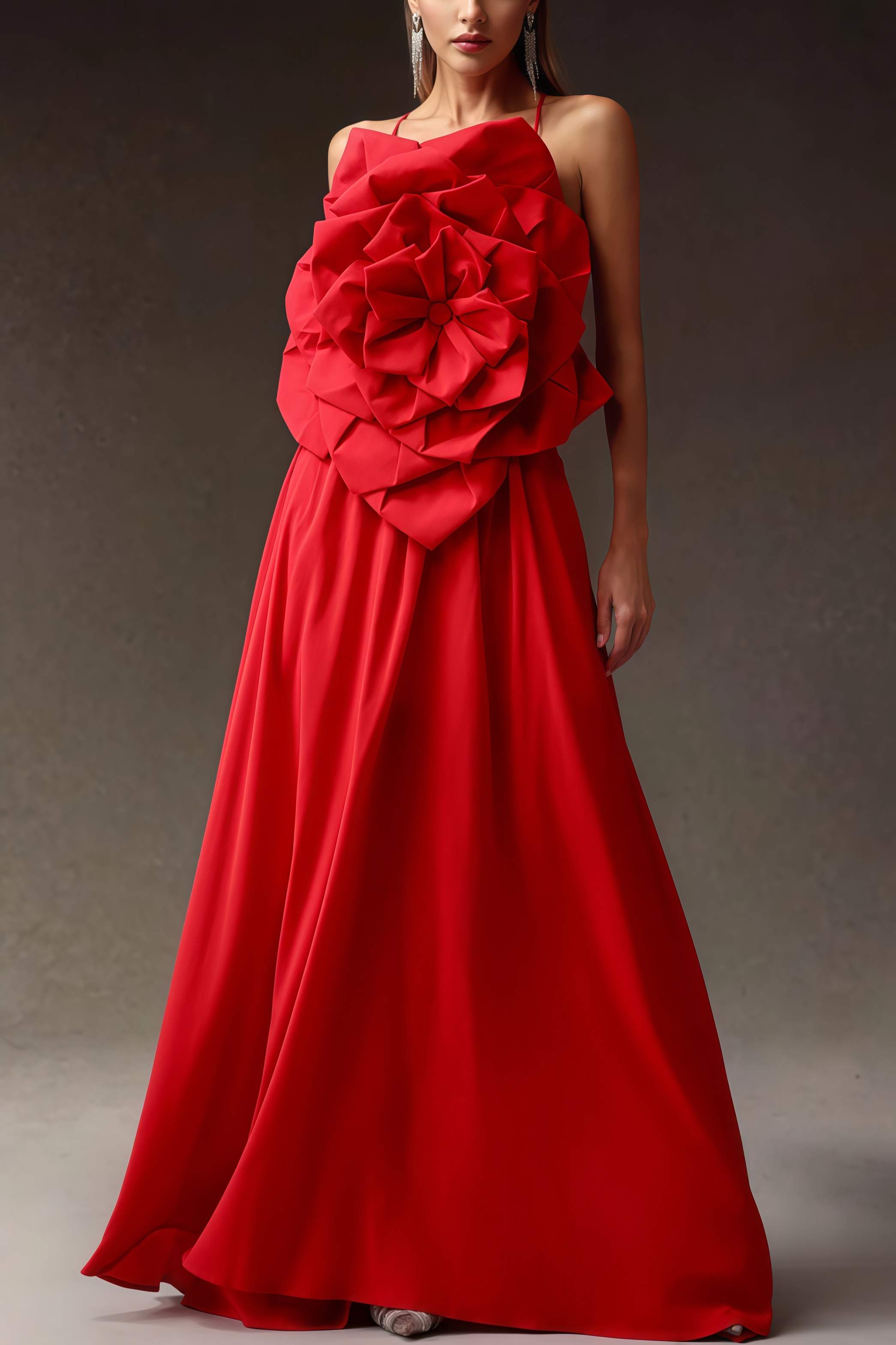 Venke Red Strapless 3D Flower Maxi Dress