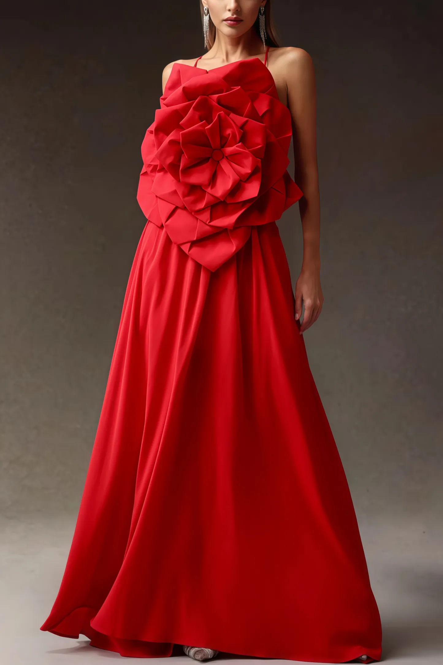 Venke Red Strapless 3D Flower Maxi Dress