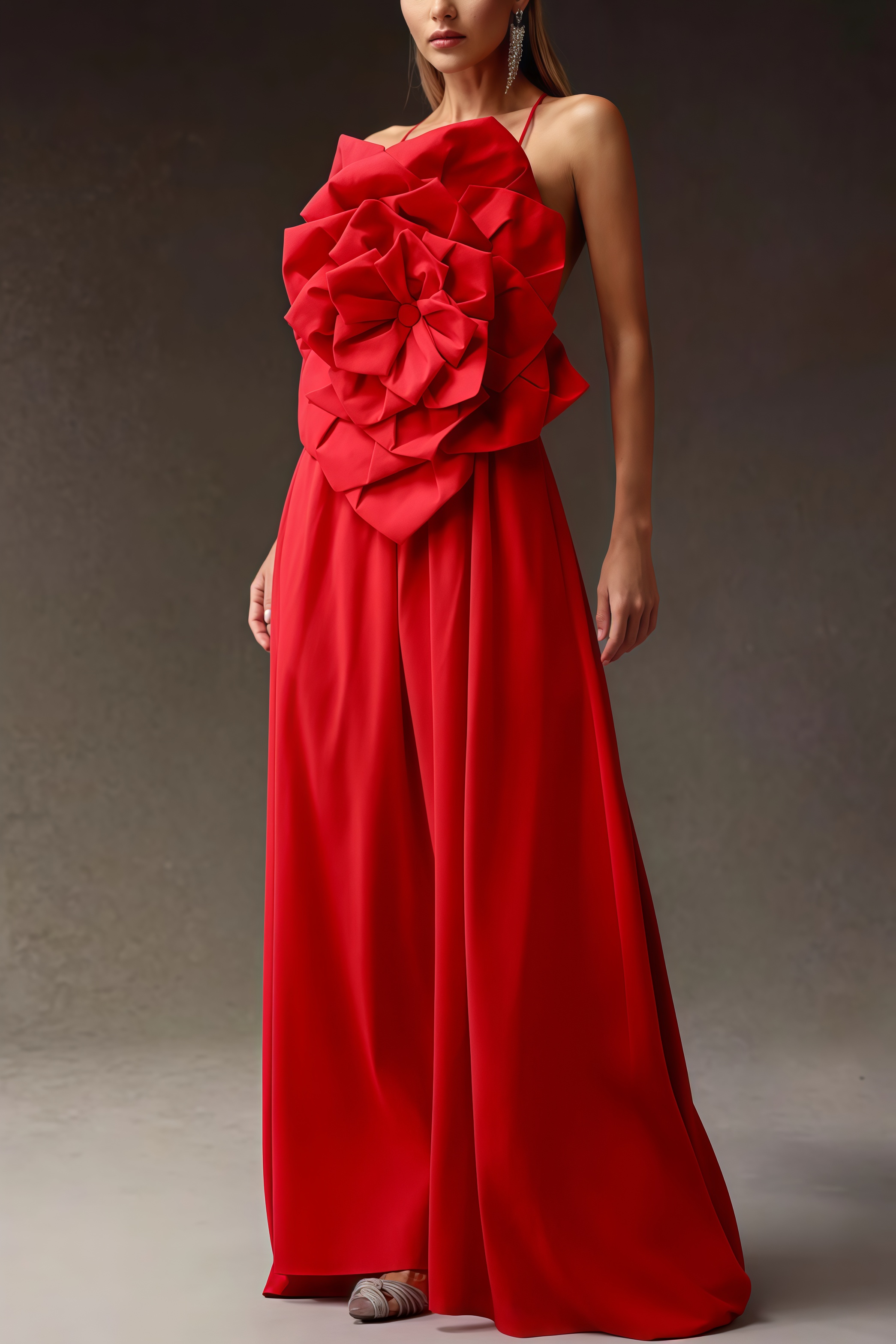 Venke Red Strapless 3D Flower Maxi Dress