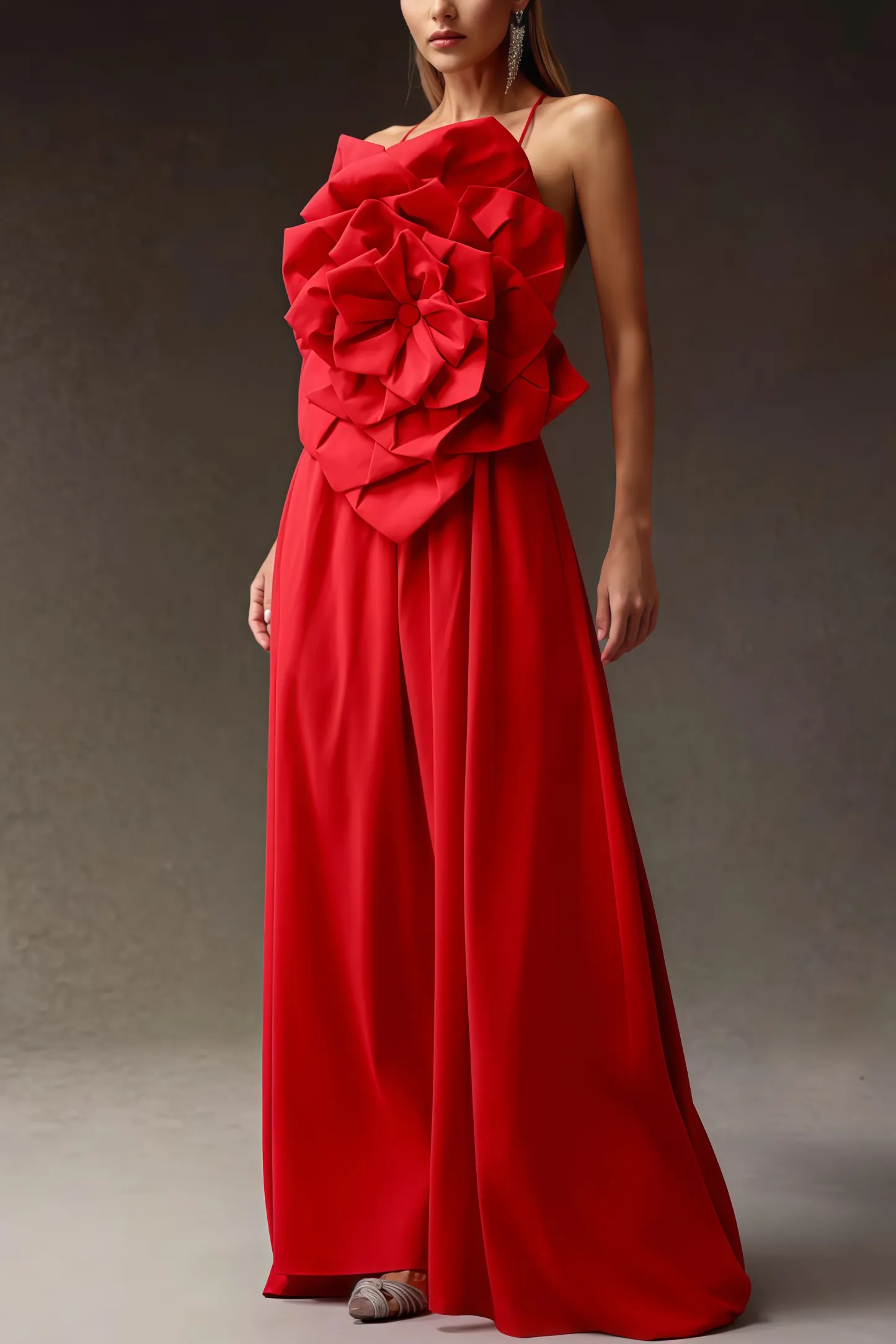 Venke Red Strapless 3D Flower Maxi Dress