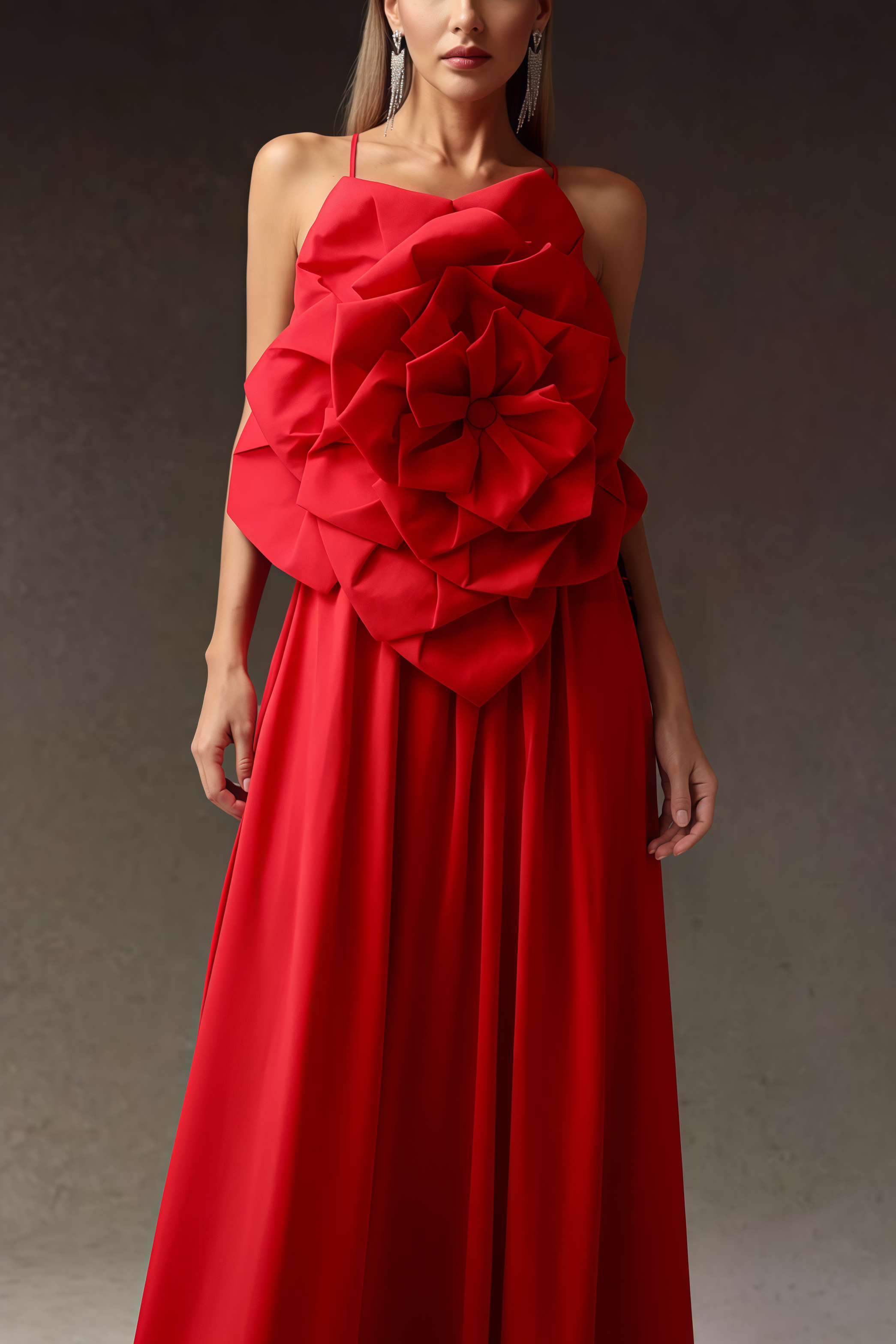 Venke Red Strapless 3D Flower Maxi Dress