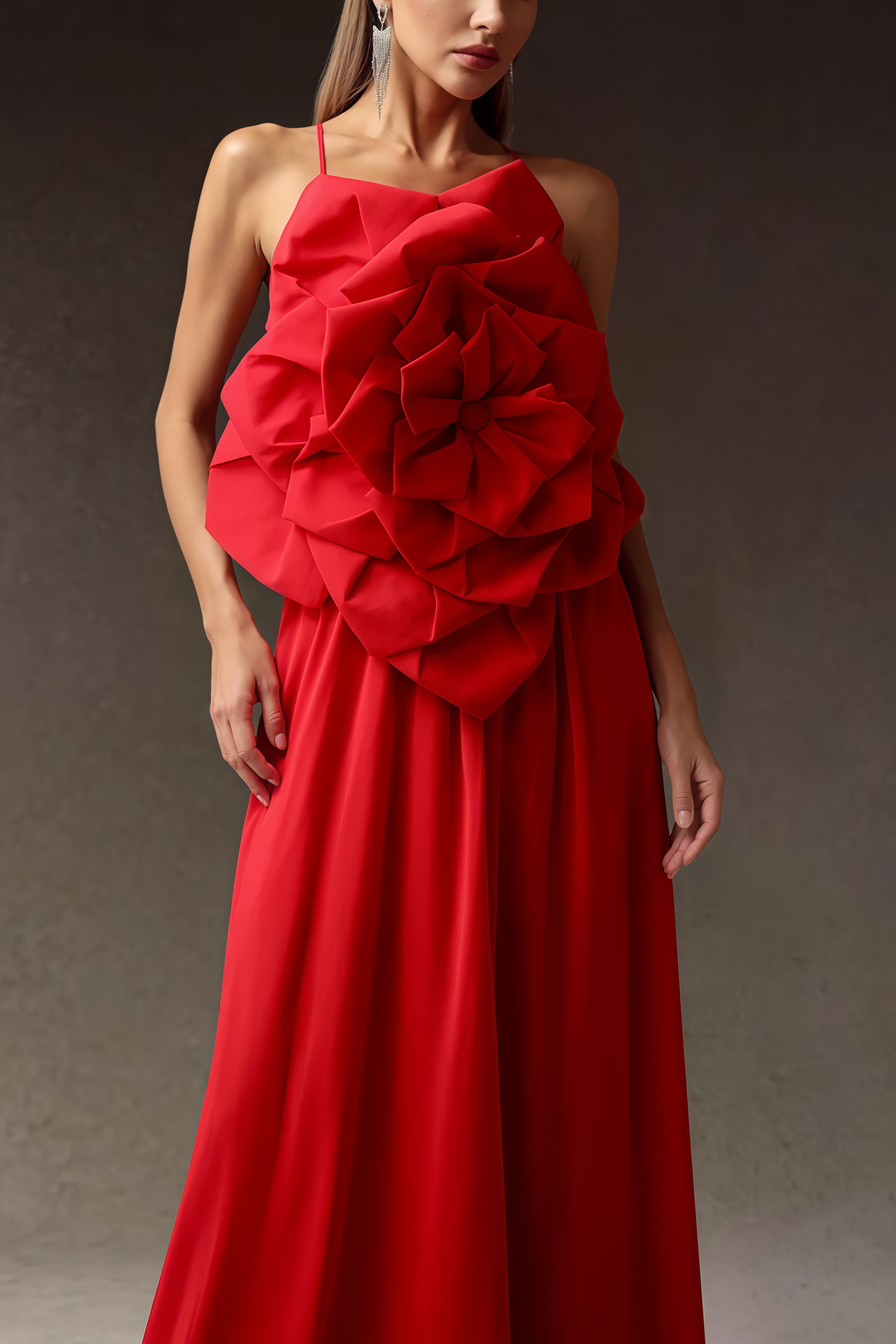 Venke Red Strapless 3D Flower Maxi Dress