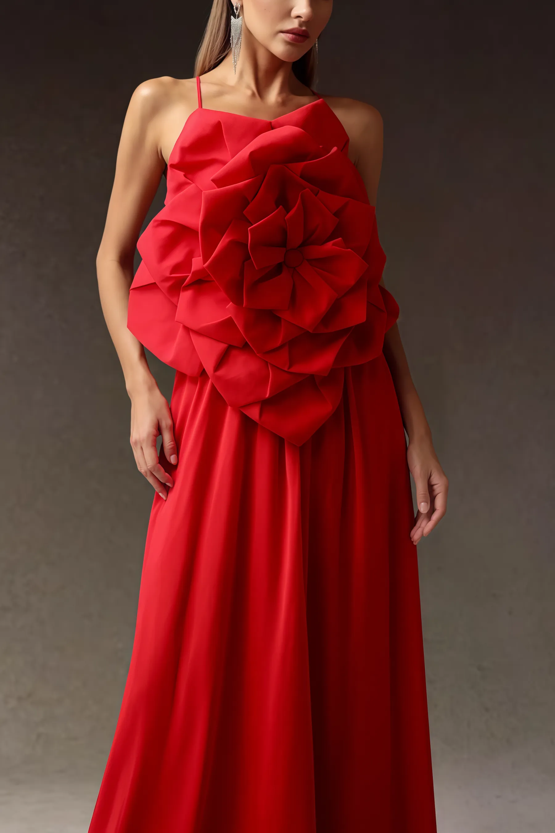 Venke Red Strapless 3D Flower Maxi Dress