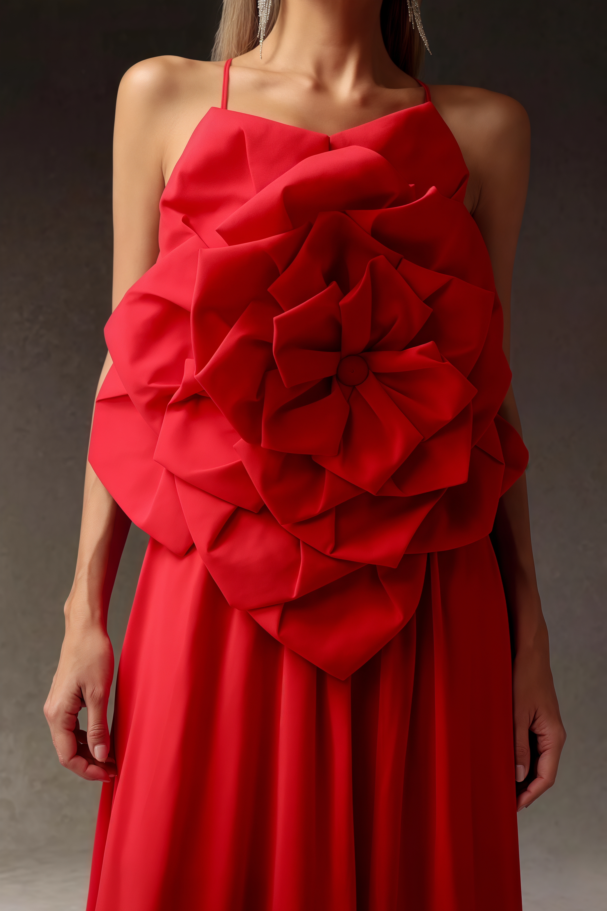 Venke Red Strapless 3D Flower Maxi Dress
