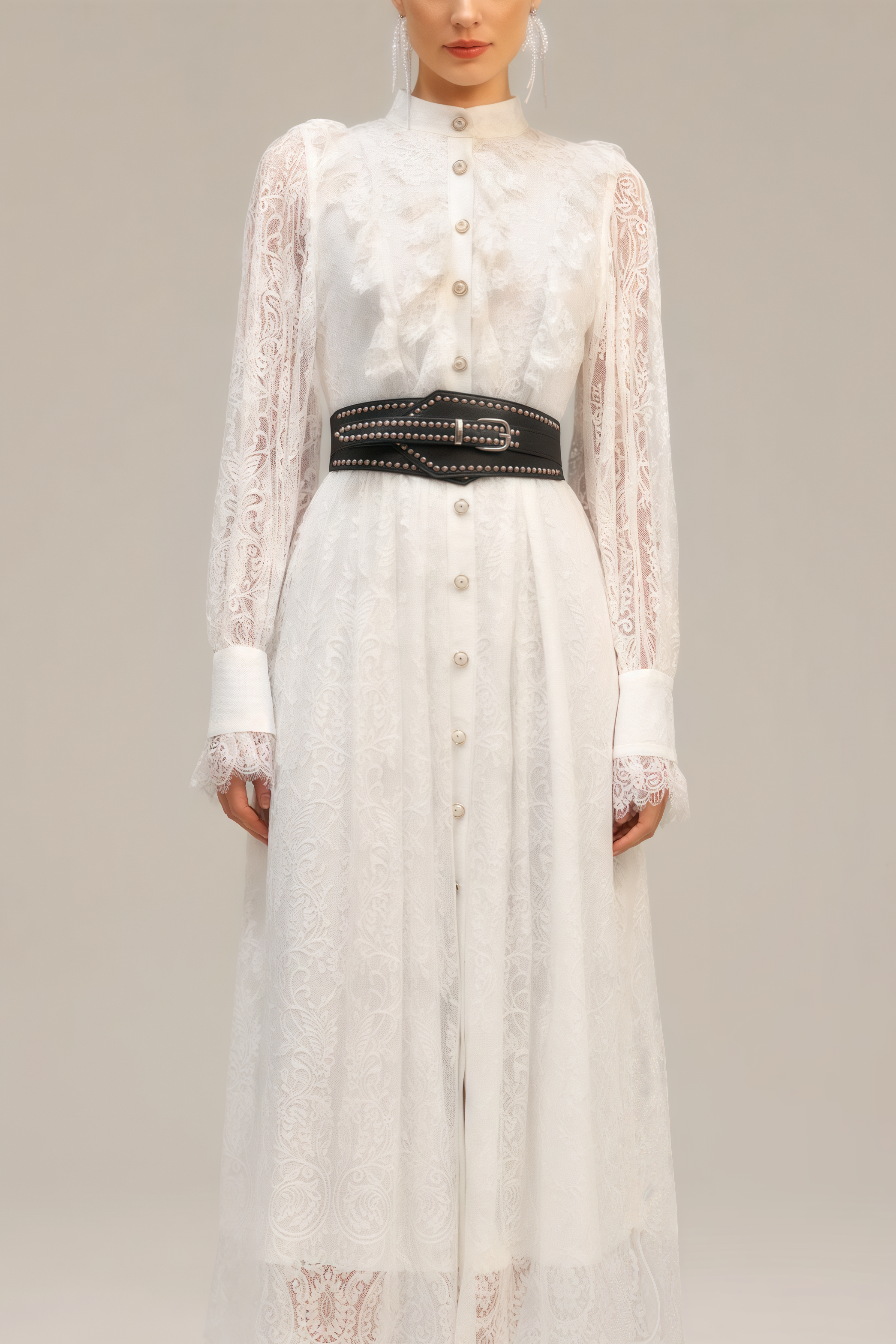 Starsha Long Sleeves Folds Lace Midi Dress