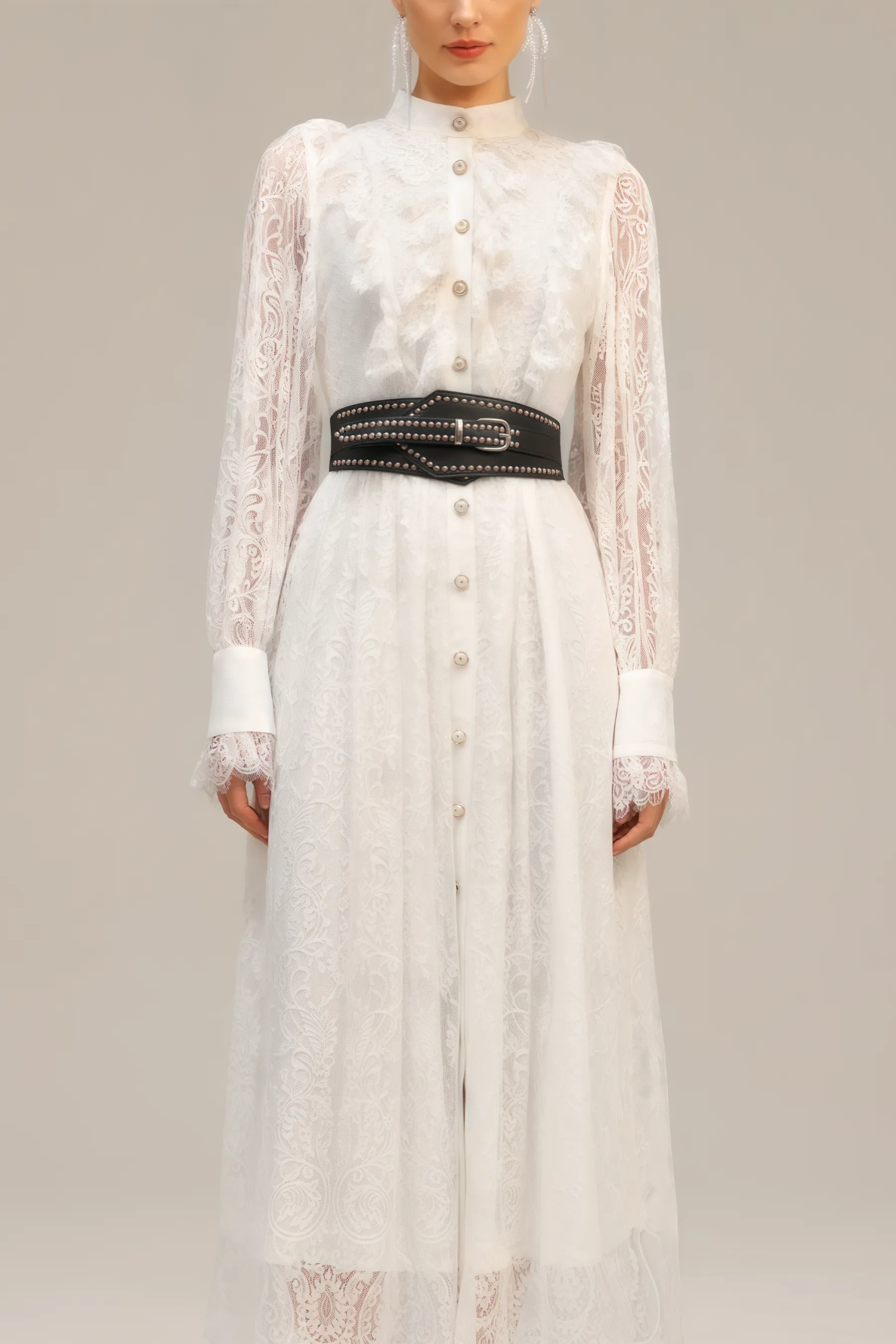 Starsha Long Sleeves Folds Lace Midi Dress