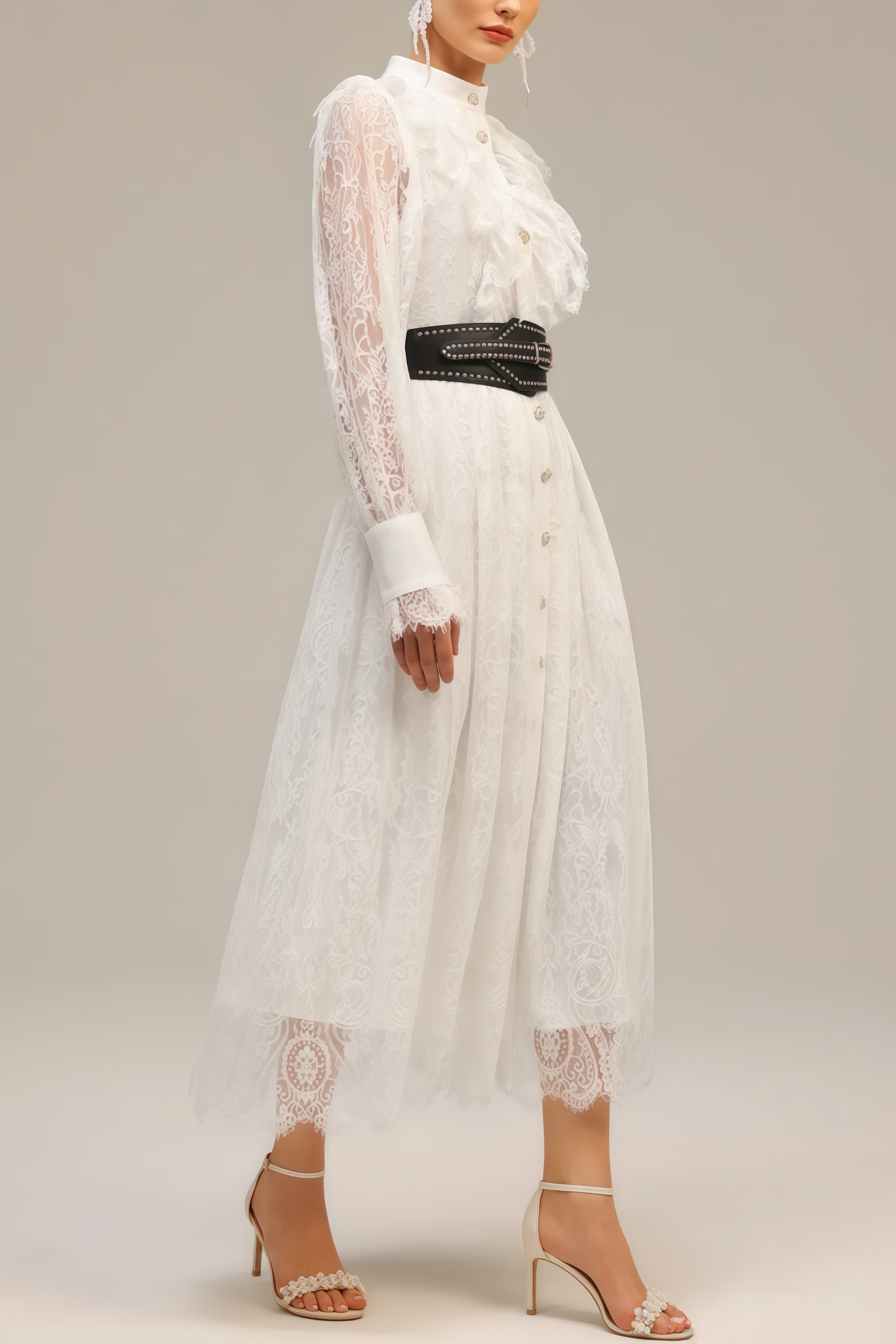 Starsha Long Sleeves Folds Lace Midi Dress