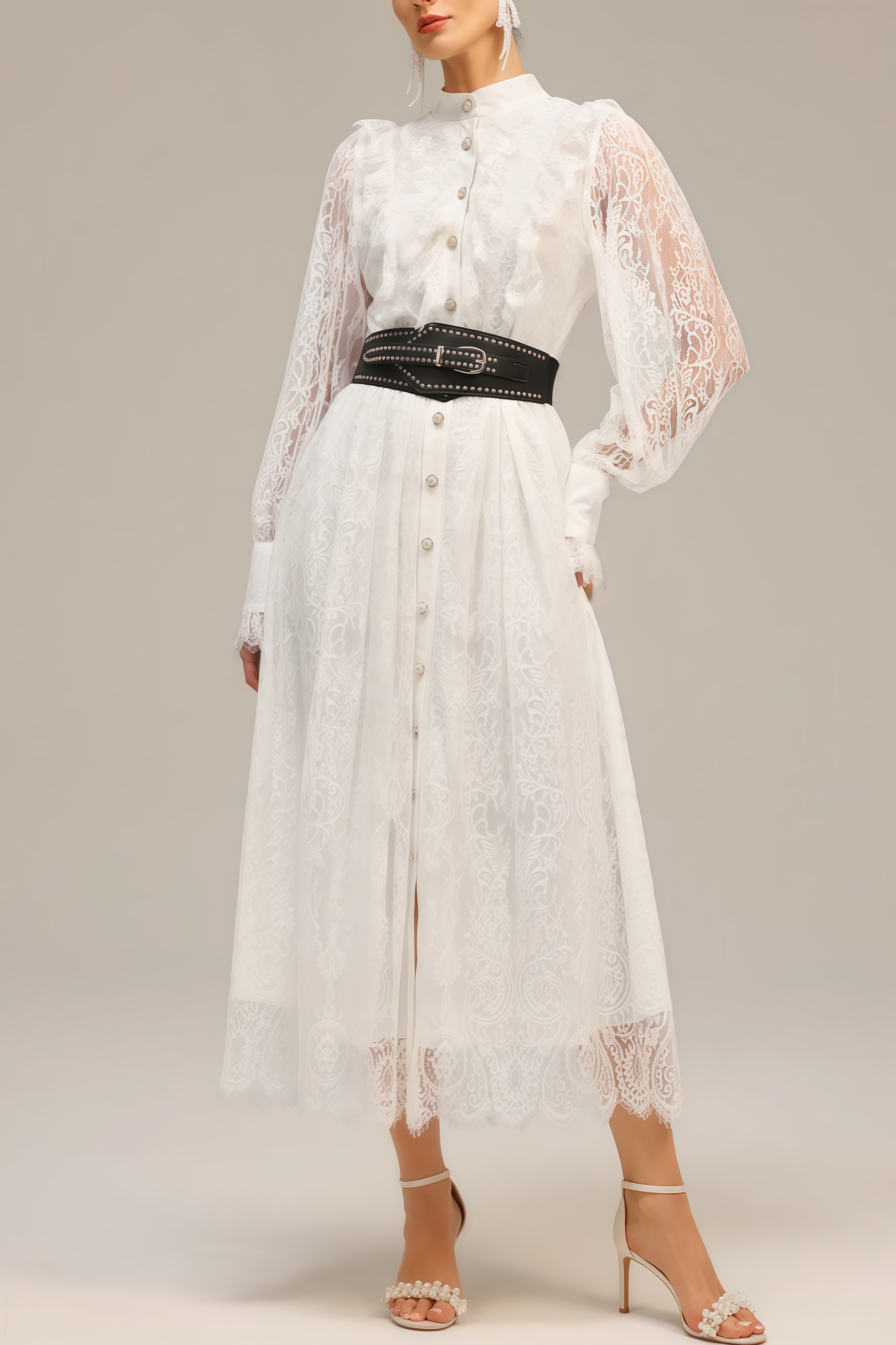 Starsha Long Sleeves Folds Lace Midi Dress