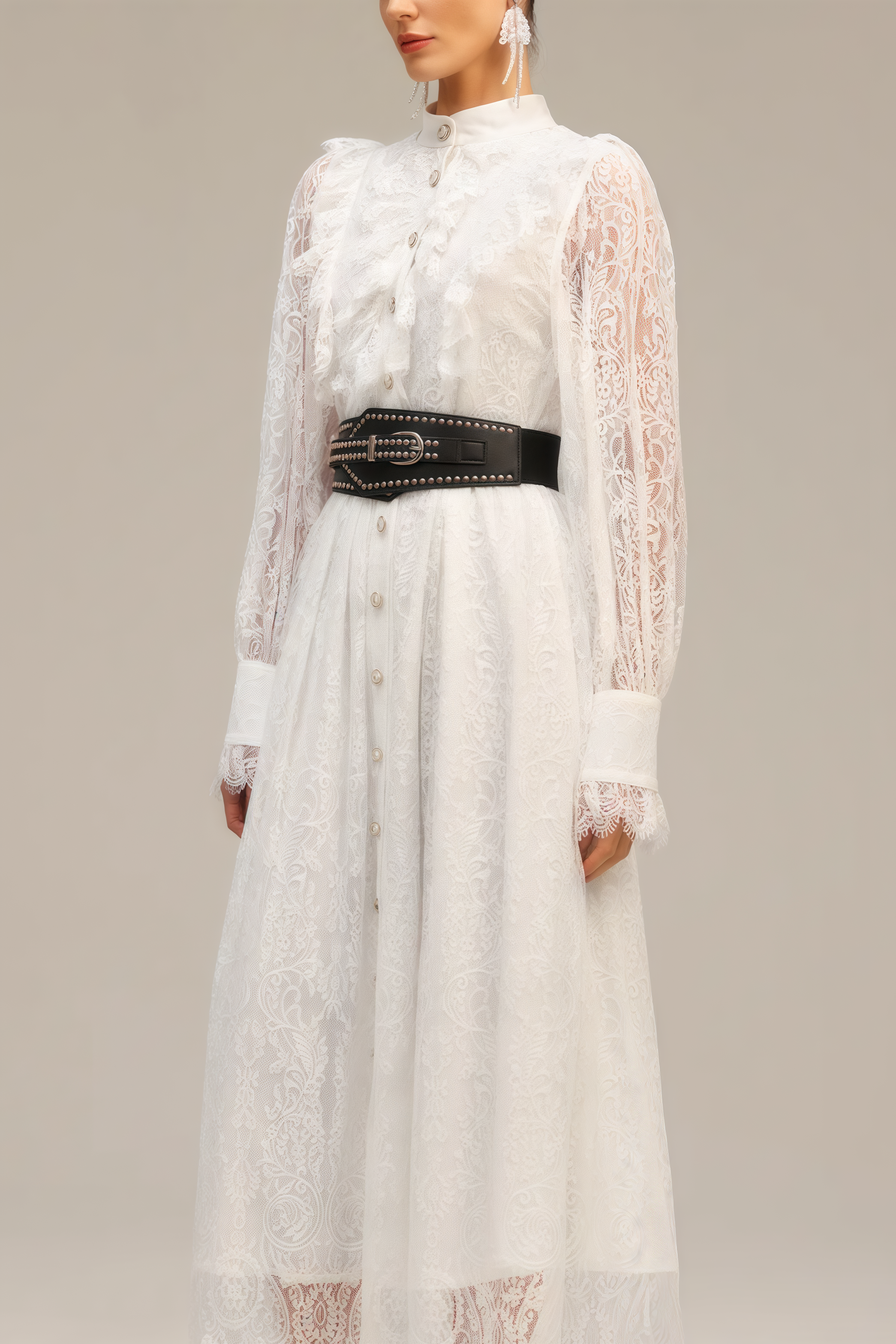 Starsha Long Sleeves Folds Lace Midi Dress