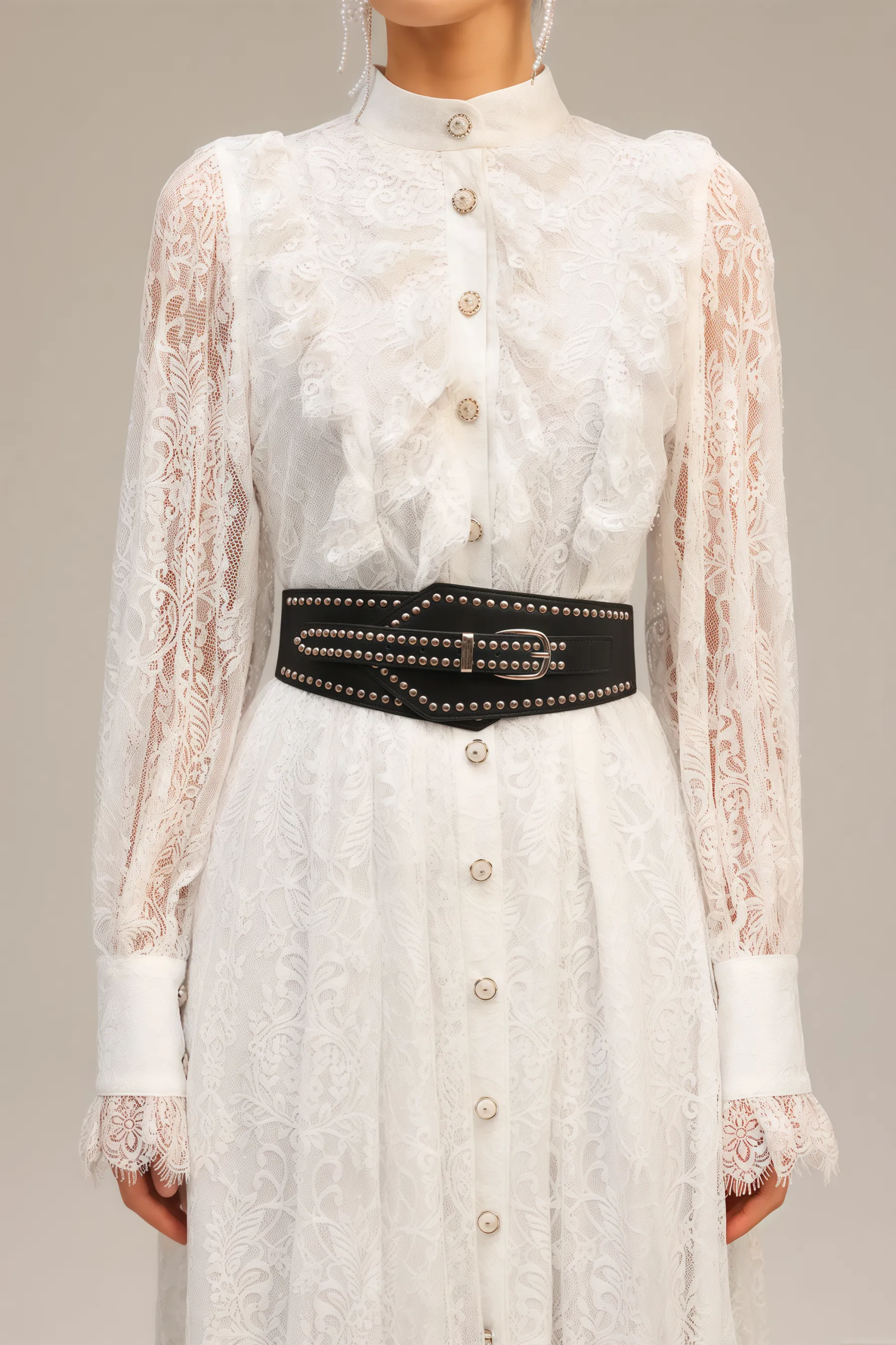 Starsha Long Sleeves Folds Lace Midi Dress