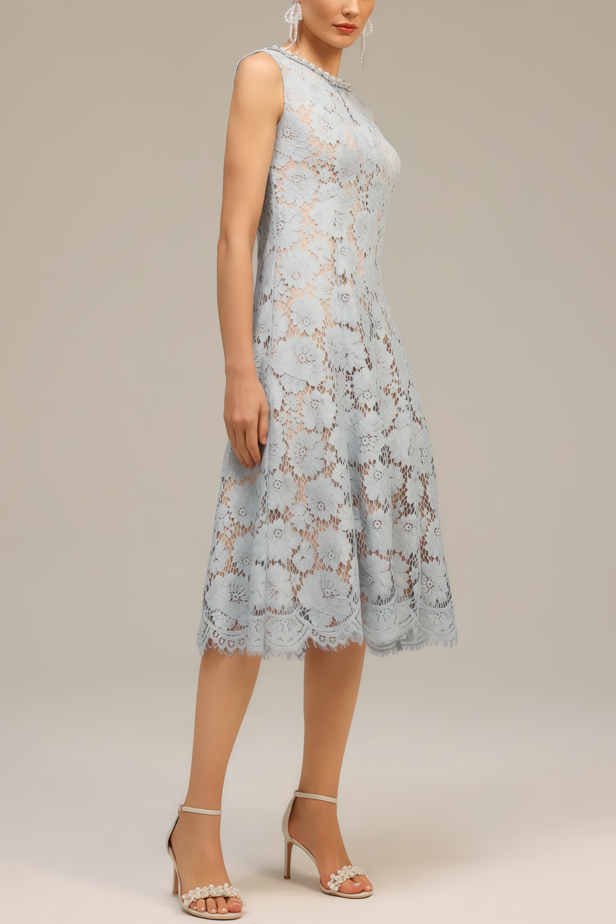 Noxlk Sleeveless Diamond Pearl Midi Dress