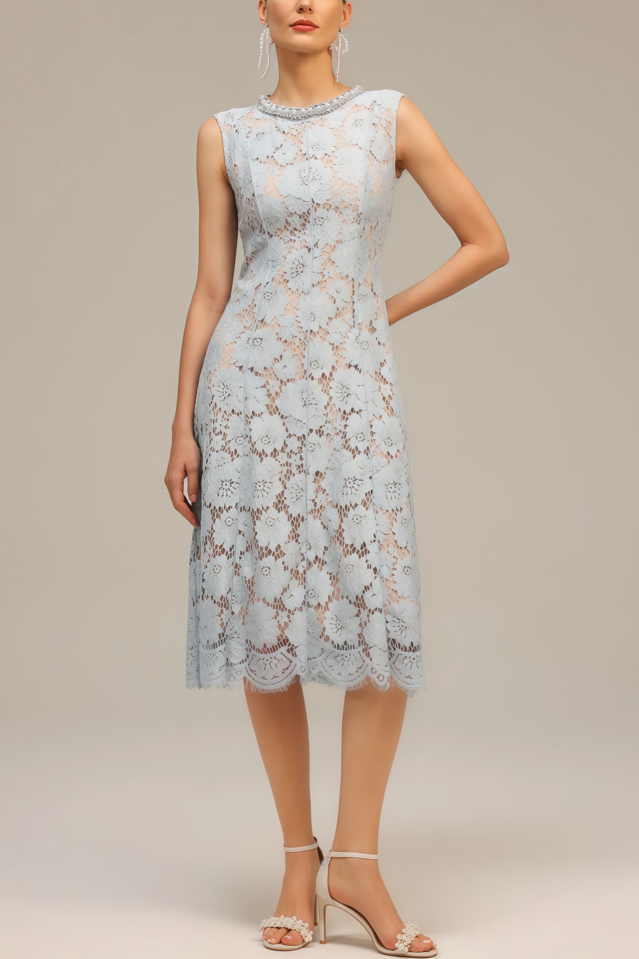 Noxlk Sleeveless Diamond Pearl Midi Dress