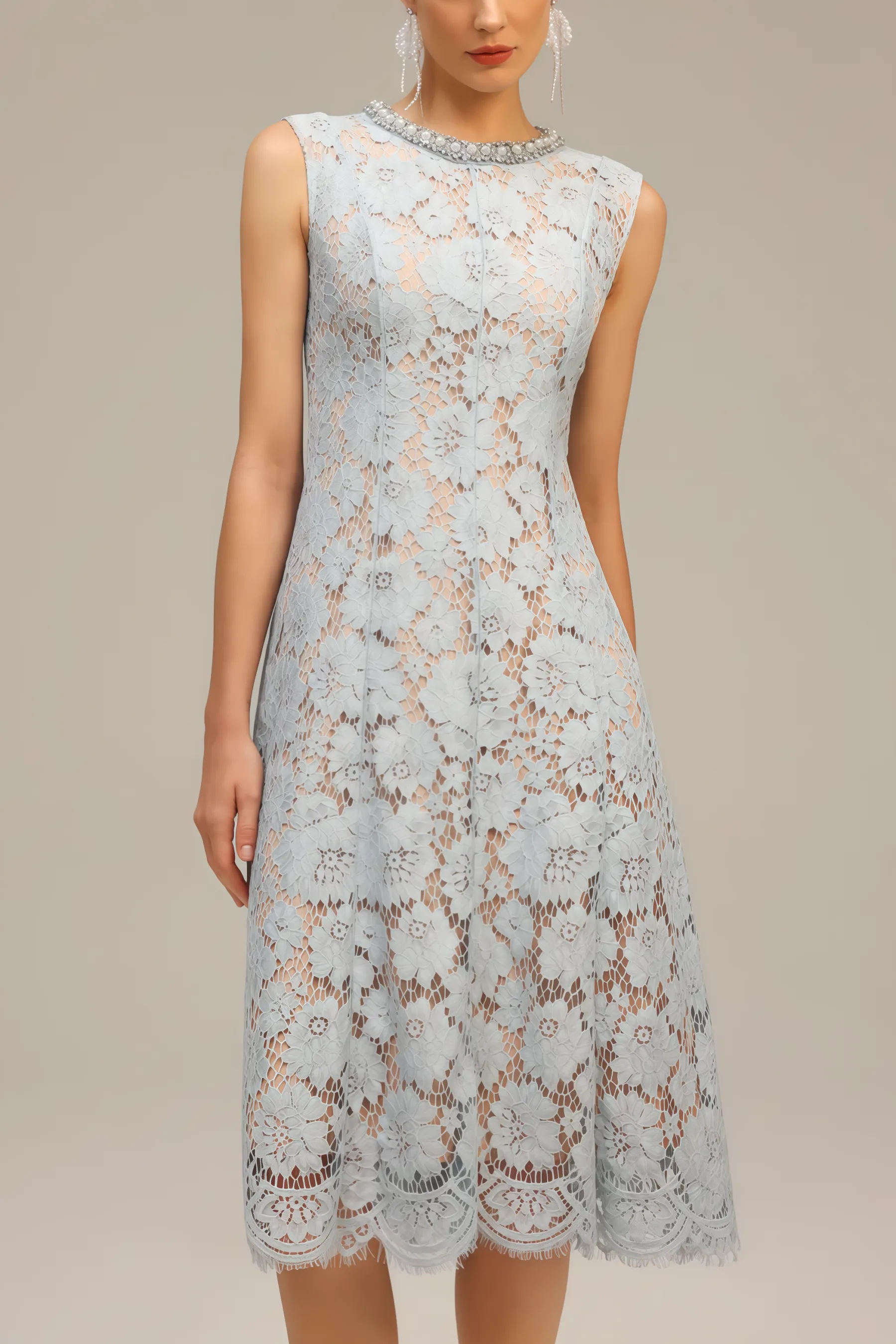 Noxlk Sleeveless Diamond Pearl Midi Dress