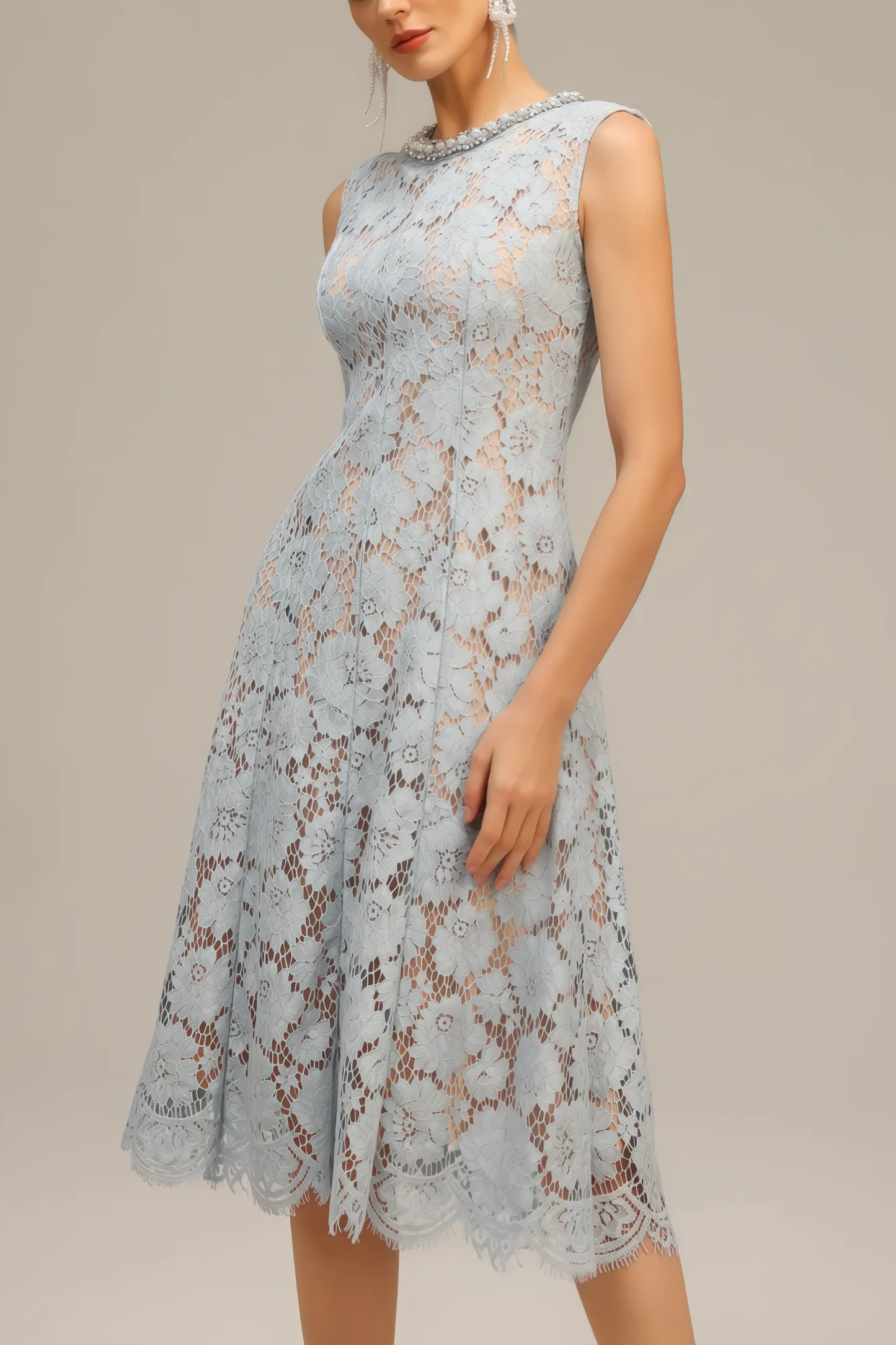 Noxlk Sleeveless Diamond Pearl Midi Dress