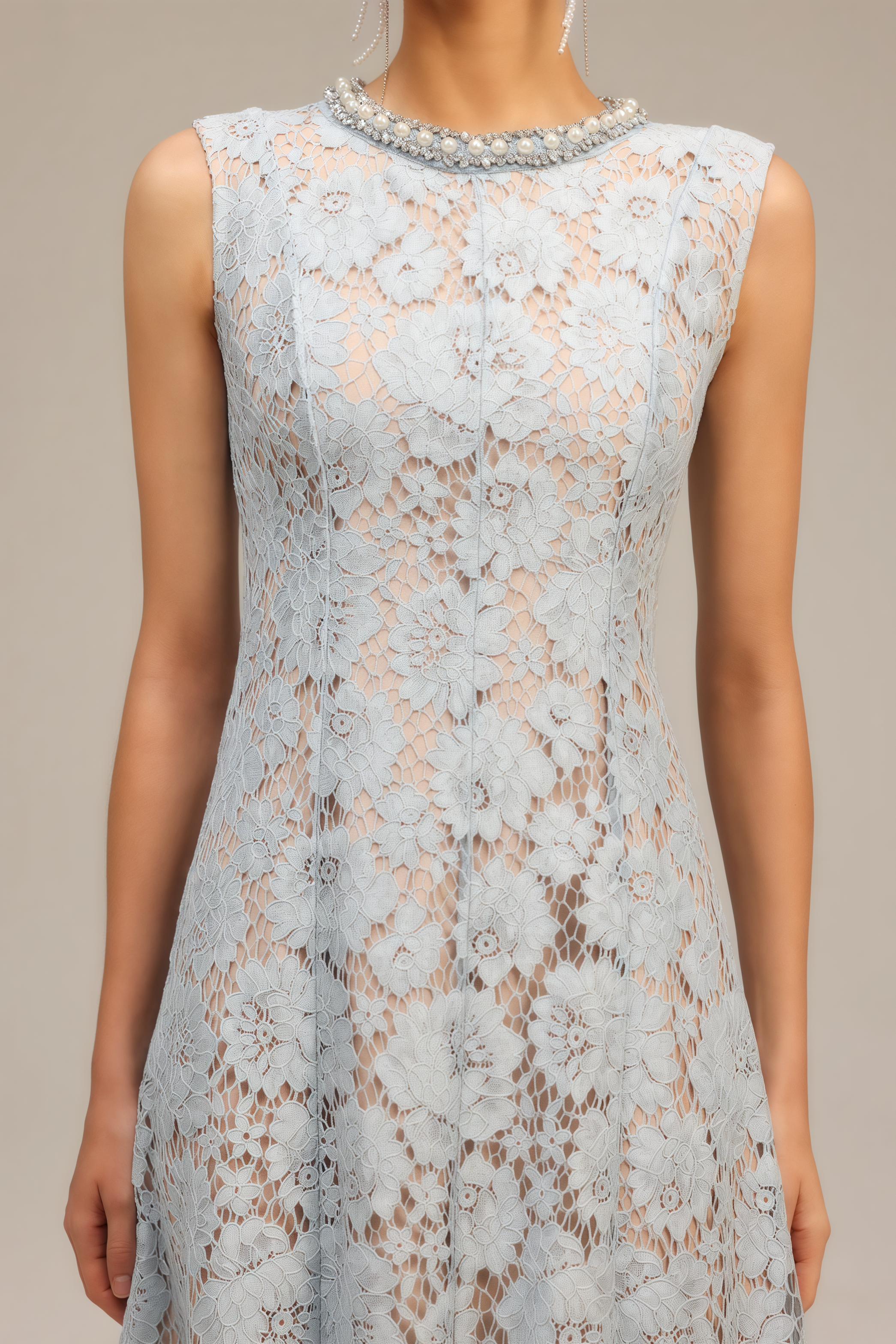 Noxlk Sleeveless Diamond Pearl Midi Dress