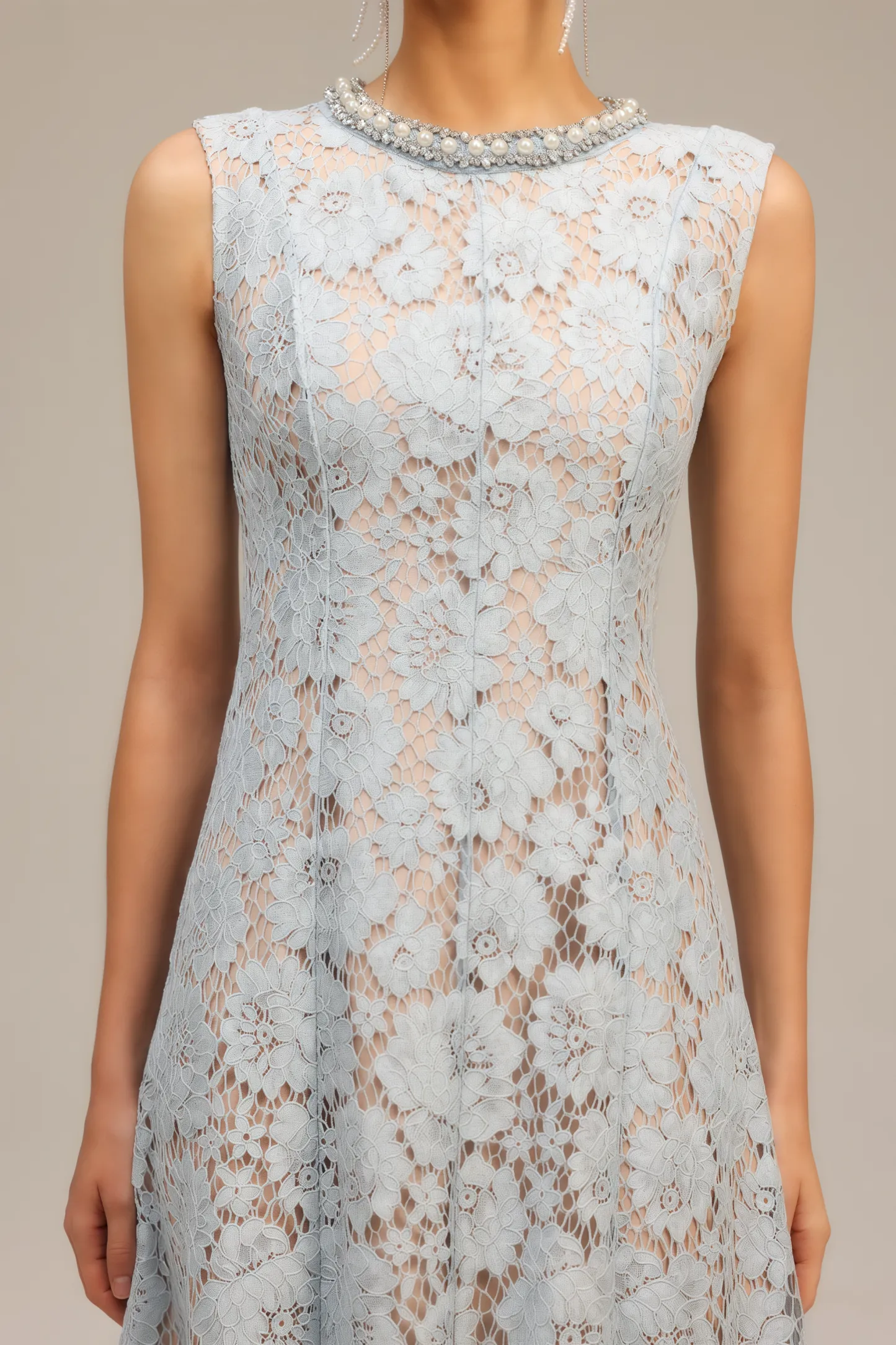 Noxlk Sleeveless Diamond Pearl Midi Dress