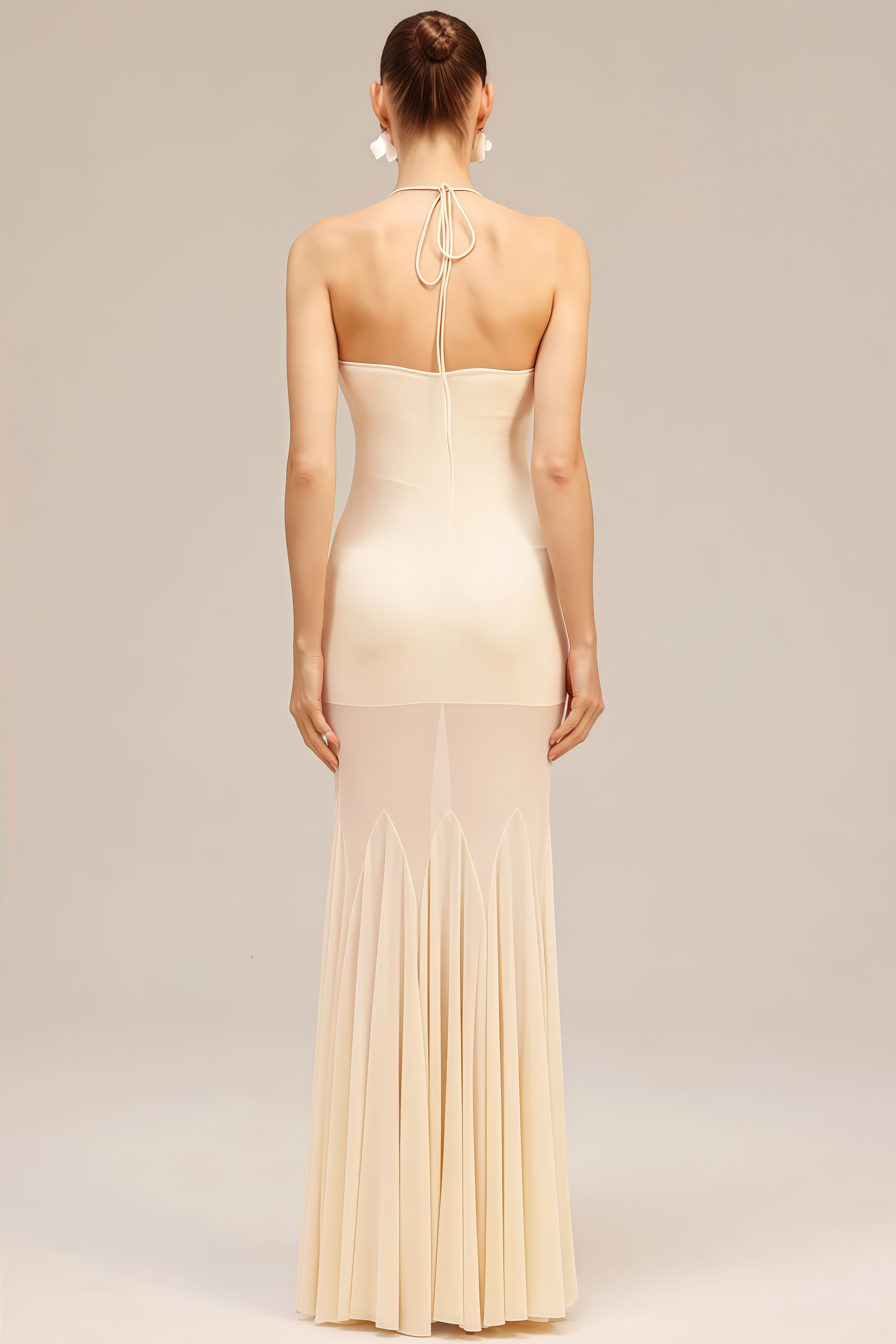 Orialk 3D Flower Halter Neck Mesh Maxi Dress