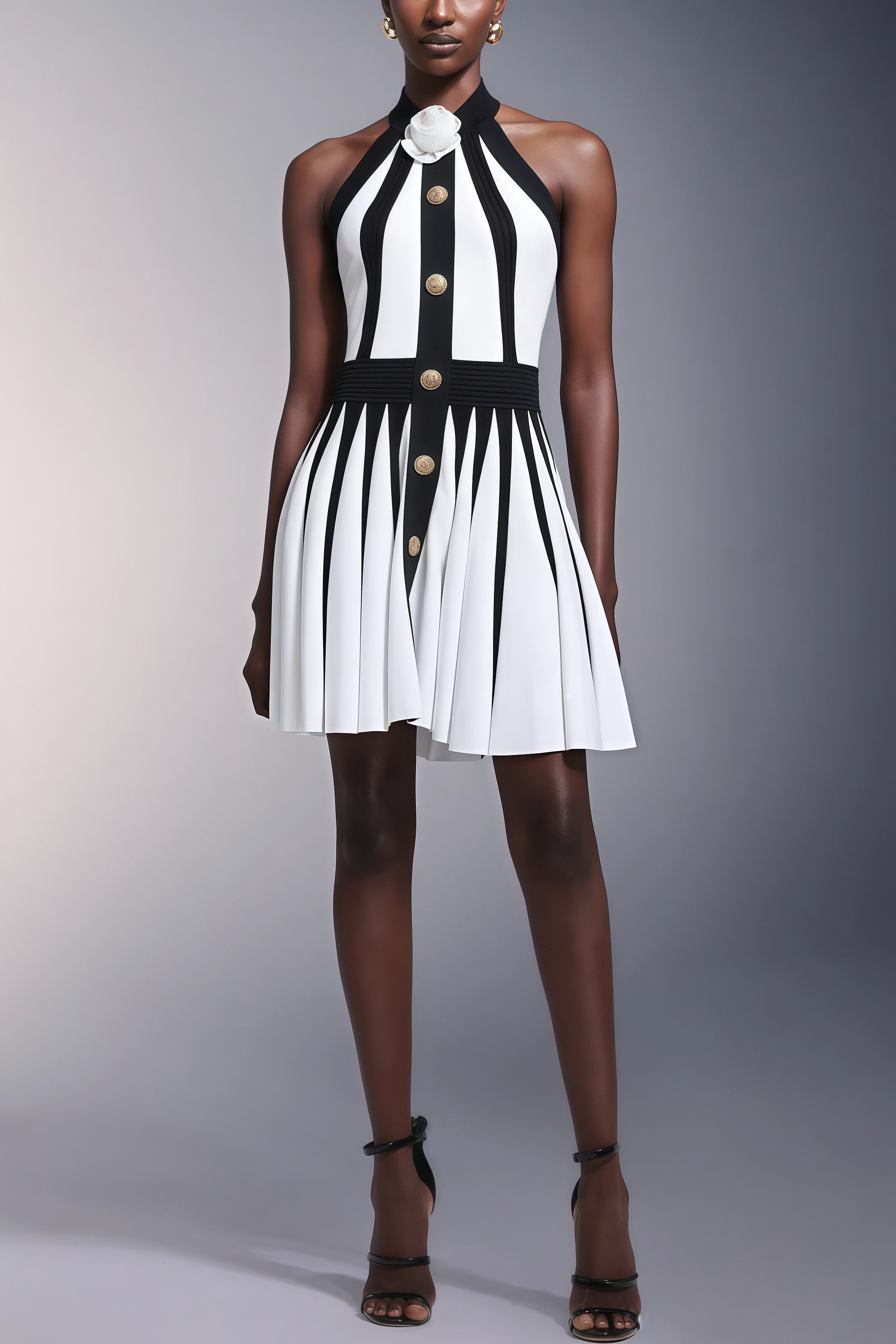 Yairf Flower Halter Stripes Mini Dress