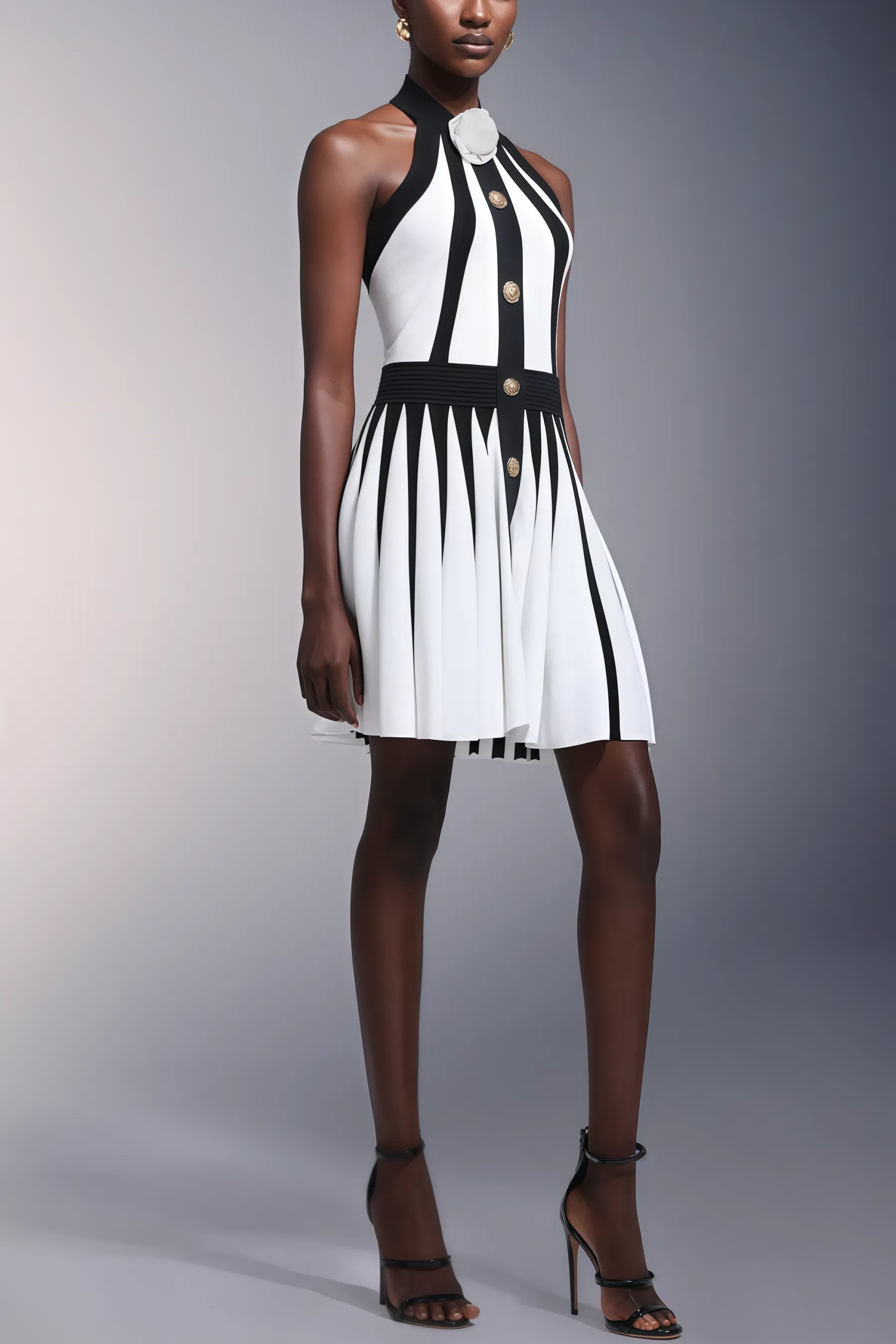 Yairf Flower Halter Stripes Mini Dress