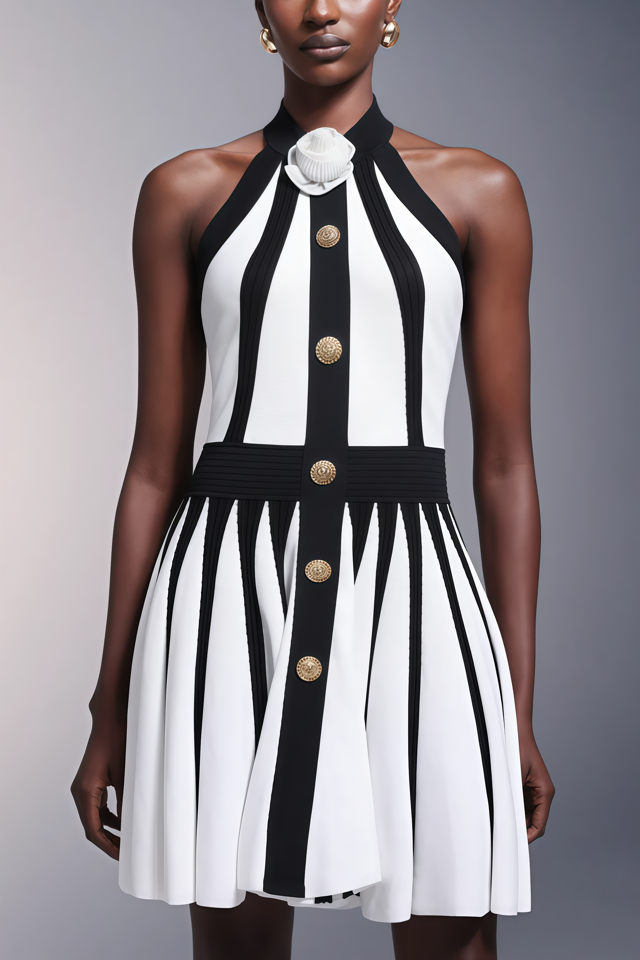 Yairf Flower Halter Stripes Mini Dress