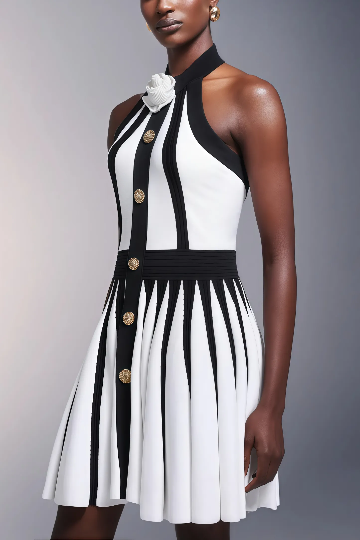 Yairf Flower Halter Stripes Mini Dress