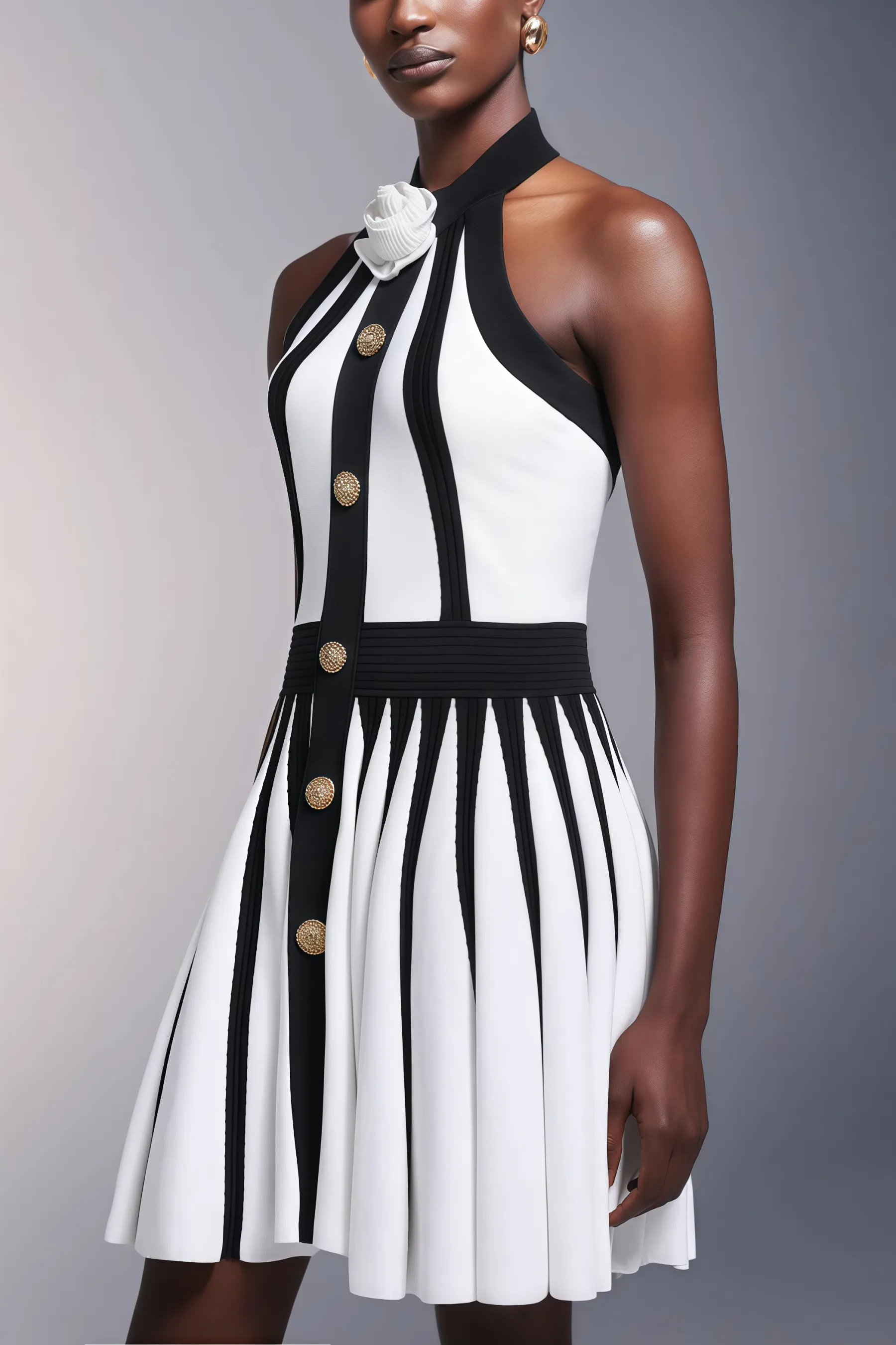 Yairf Flower Halter Stripes Mini Dress
