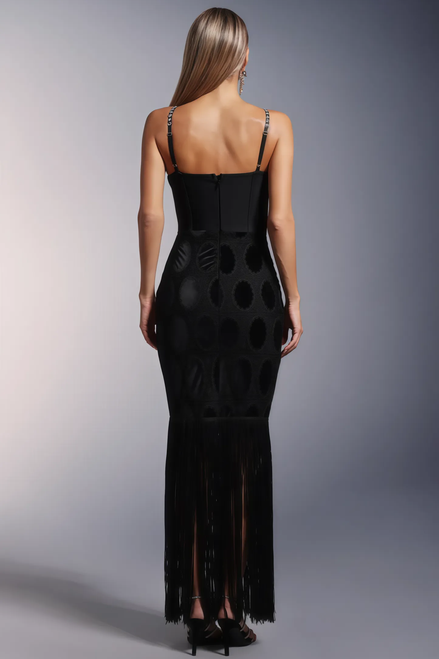 Jorvilp lace Sleeveless Tassels Diamond Maxi Dress