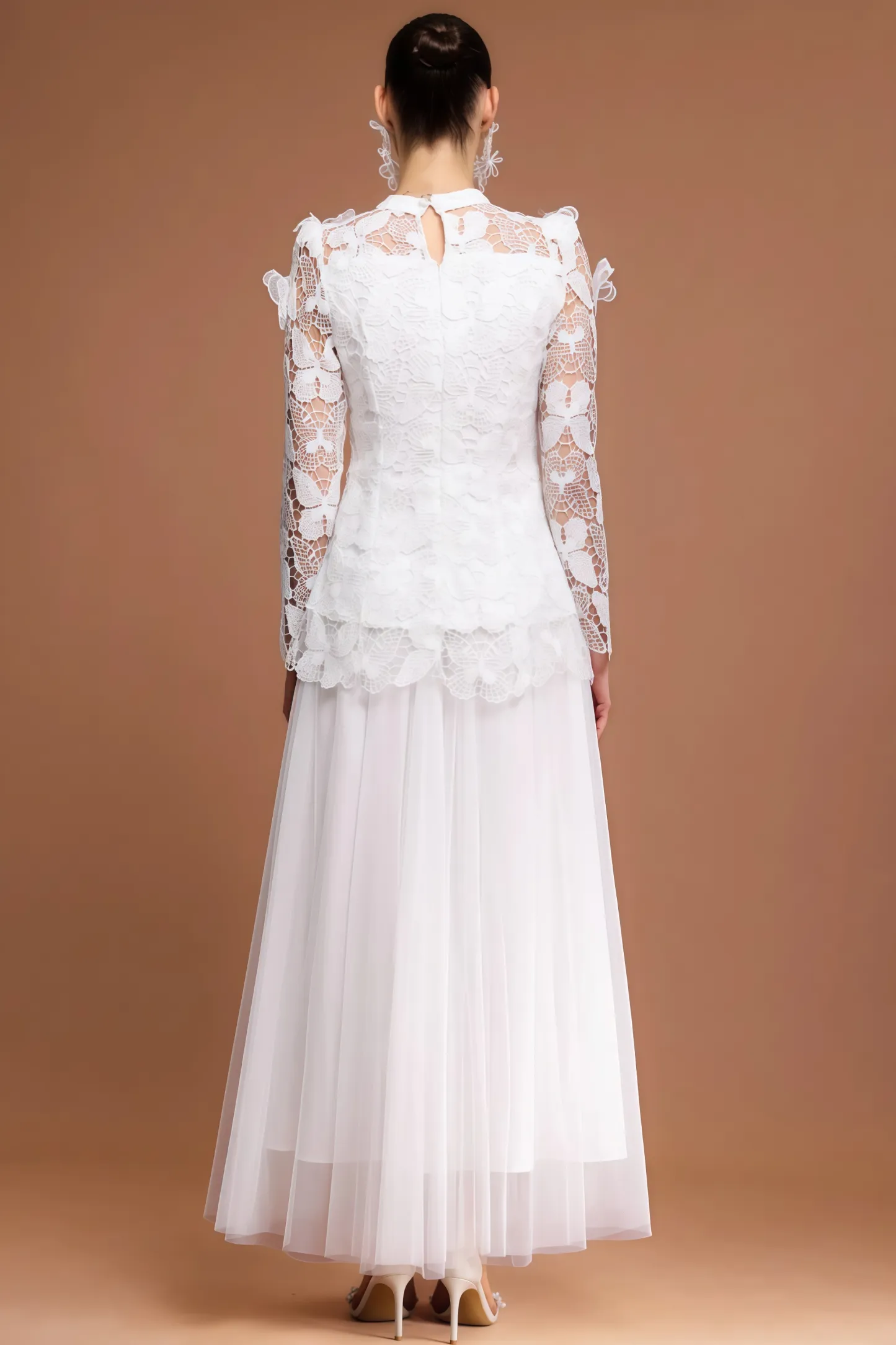 Greetk Folds Lace Butterfly Top Maxi Dress Two-Piece Set