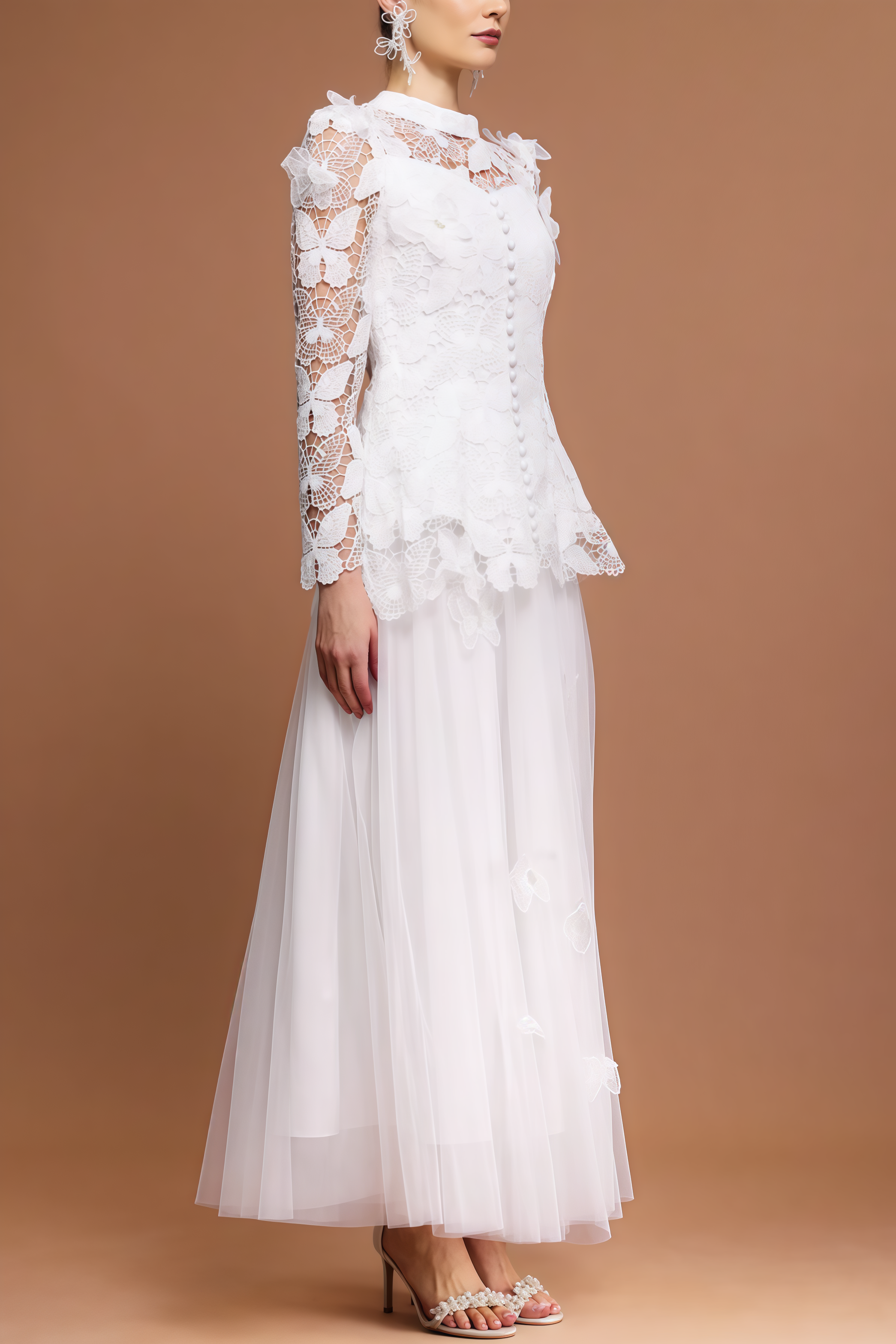Greetk Folds Lace Butterfly Top Maxi Dress Two-Piece Set