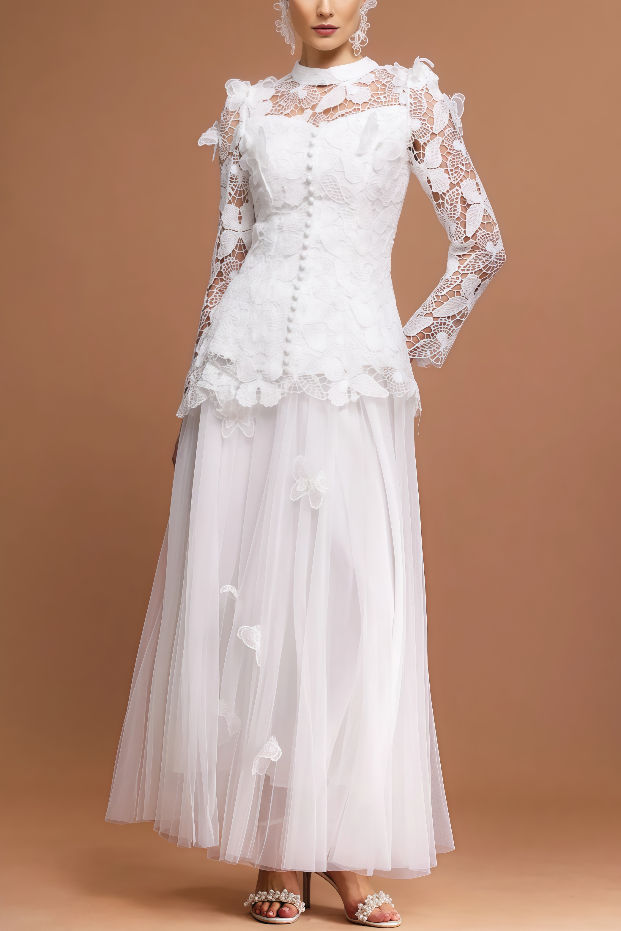 Greetk Folds Lace Butterfly Top Maxi Dress Two-Piece Set