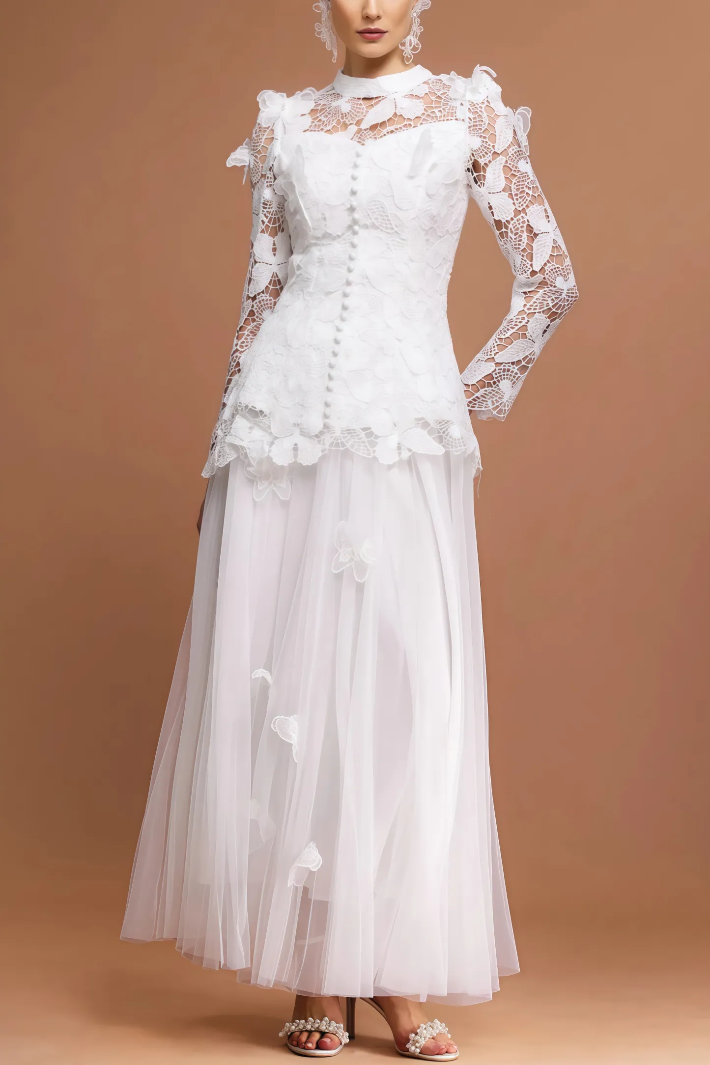 Greetk Folds Lace Butterfly Top Maxi Dress Two-Piece Set