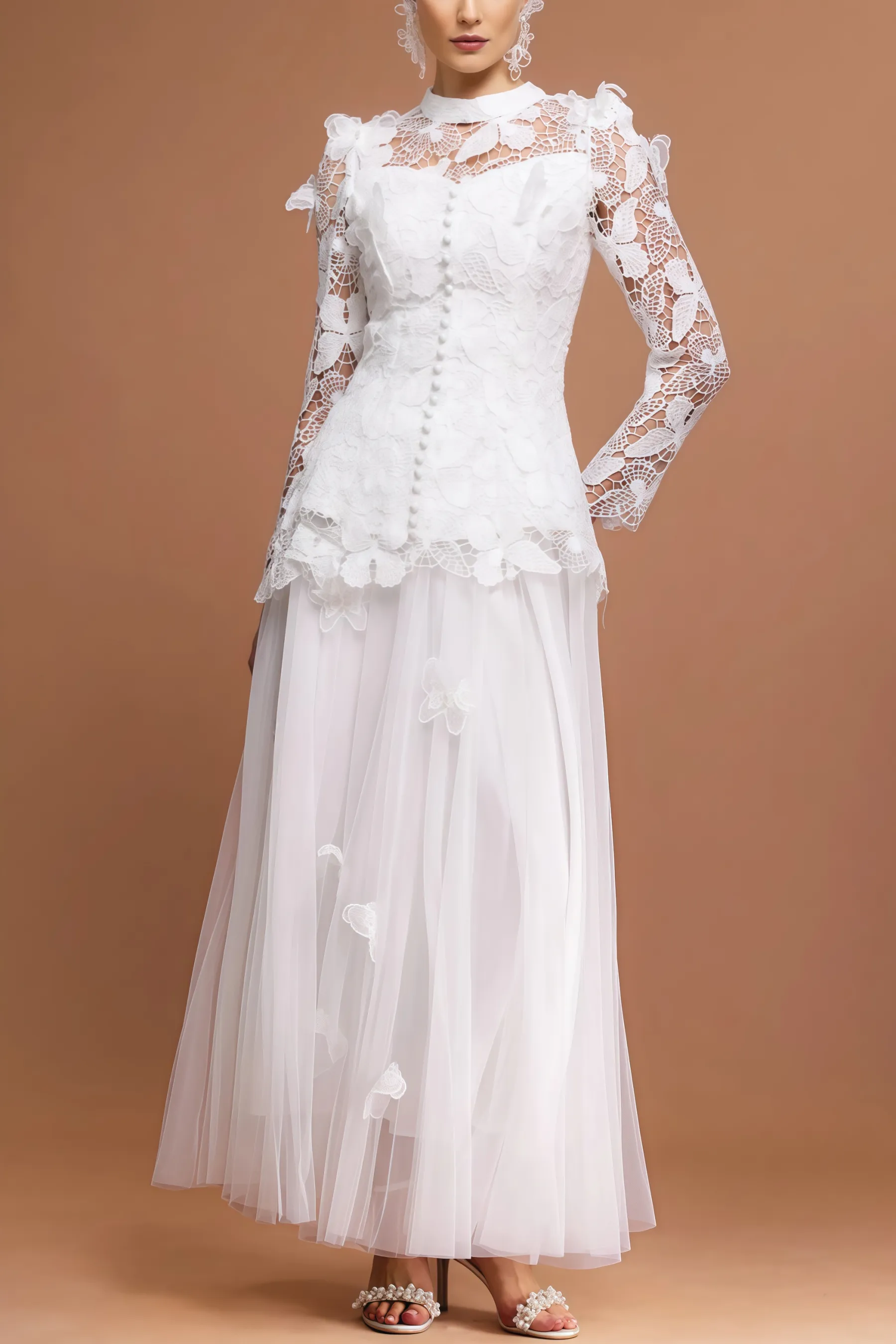 Greetk Folds Lace Butterfly Top Maxi Dress Two-Piece Set