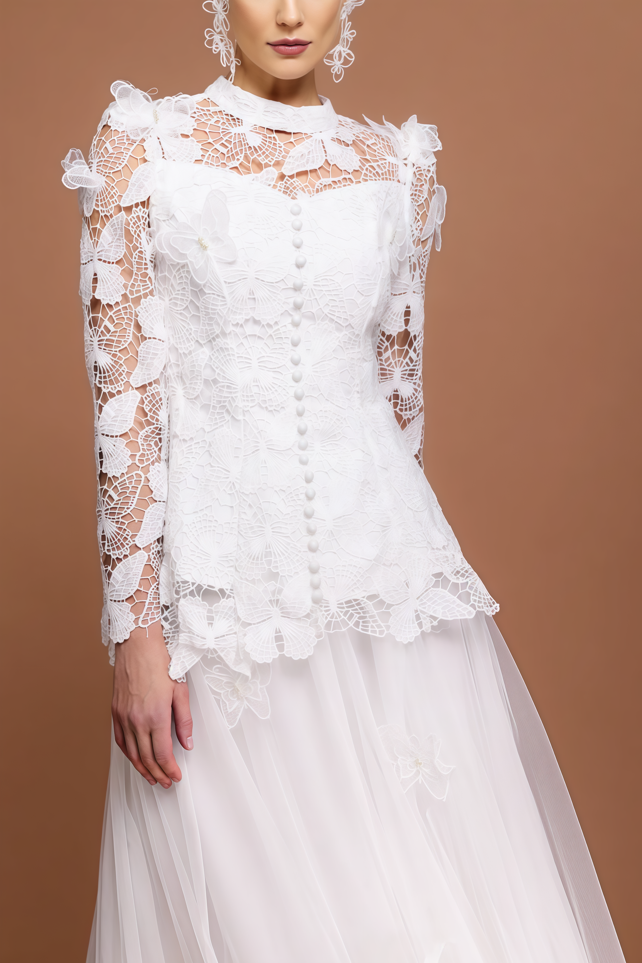 Greetk Folds Lace Butterfly Top Maxi Dress Two-Piece Set