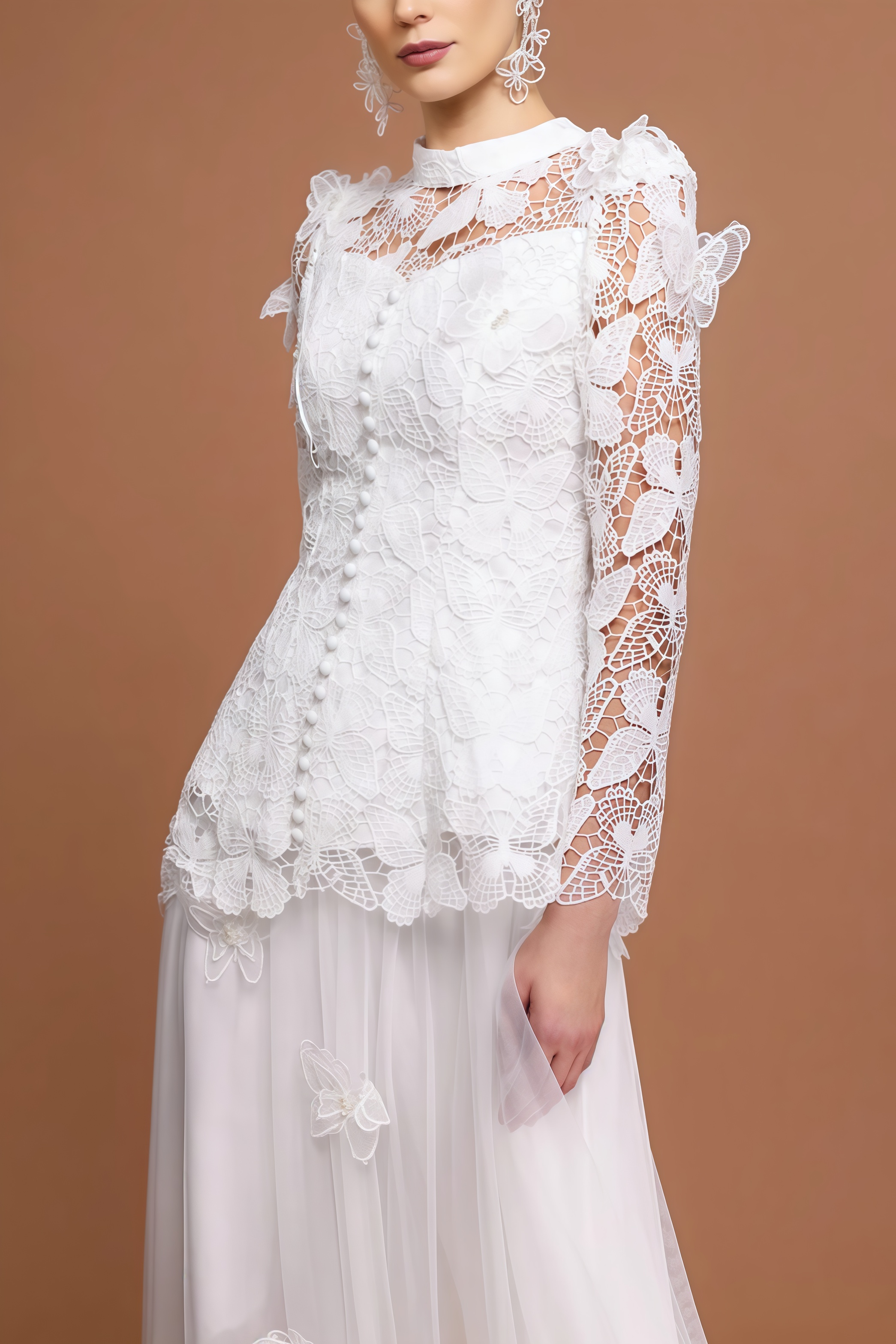 Greetk Folds Lace Butterfly Top Maxi Dress Two-Piece Set