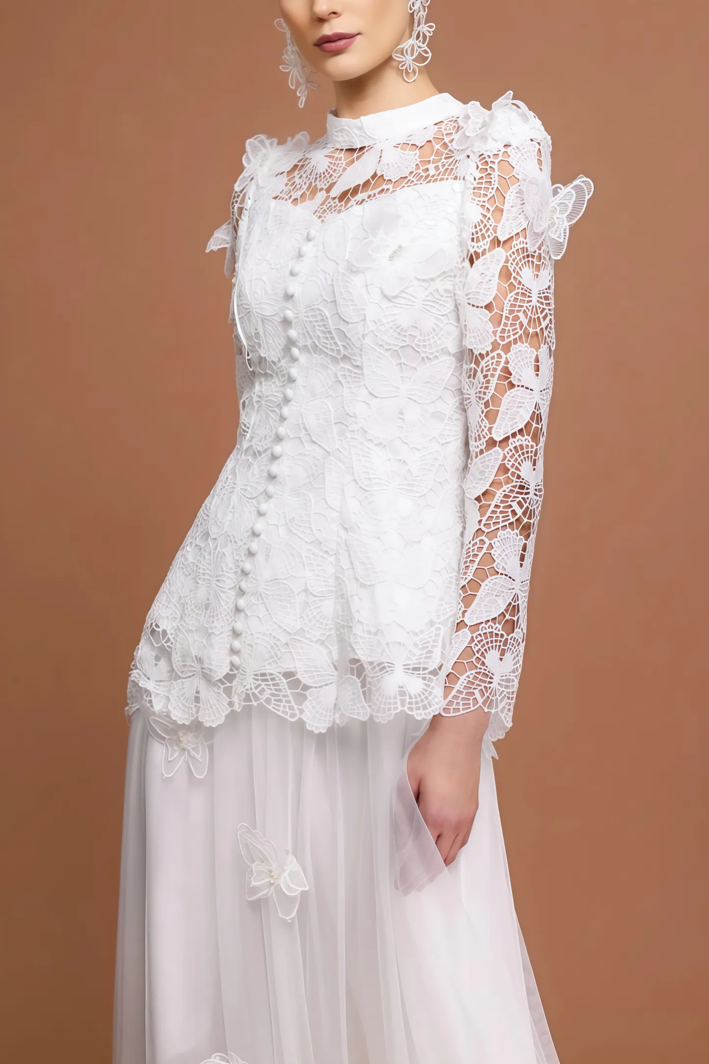 Greetk Folds Lace Butterfly Top Maxi Dress Two-Piece Set