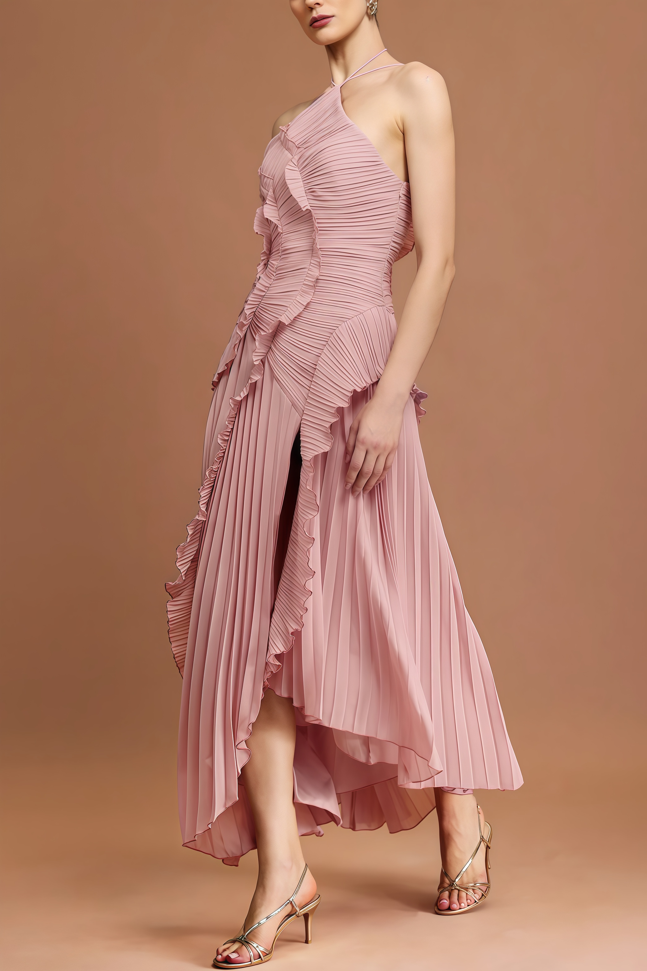 Amartk Sleeveless Folds Slit Maxi Dress