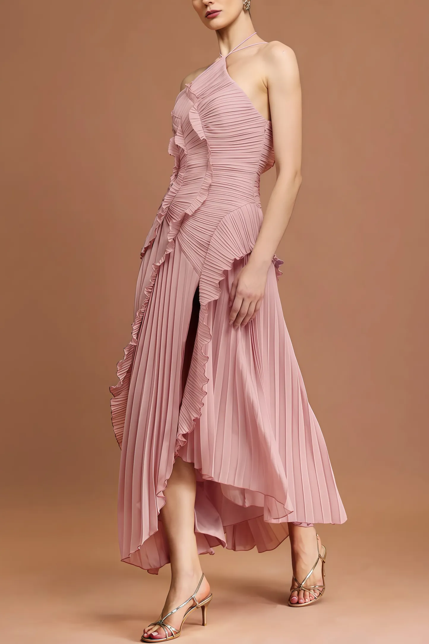 Amartk Sleeveless Folds Slit Maxi Dress