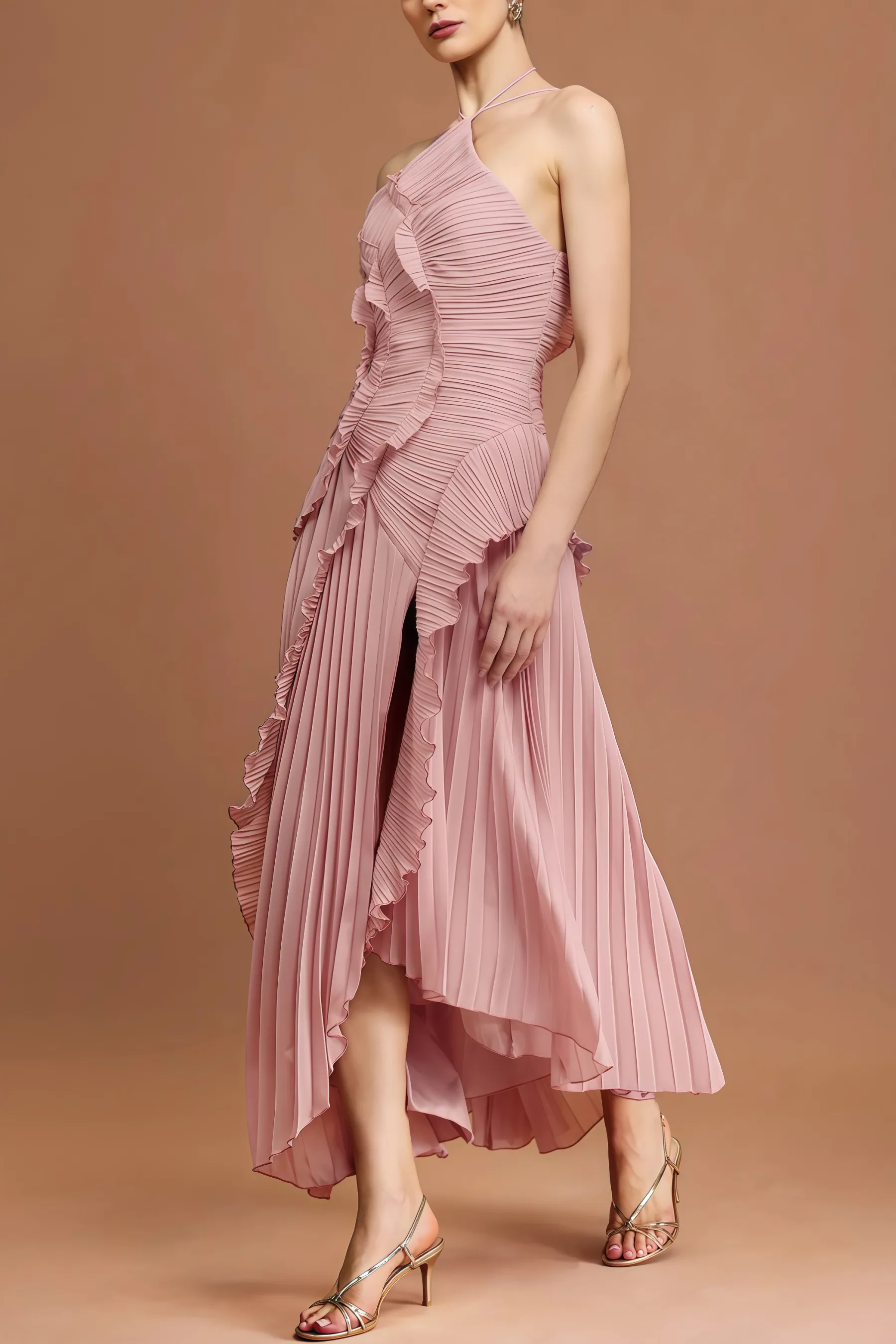 Amartk Sleeveless Folds Slit Maxi Dress