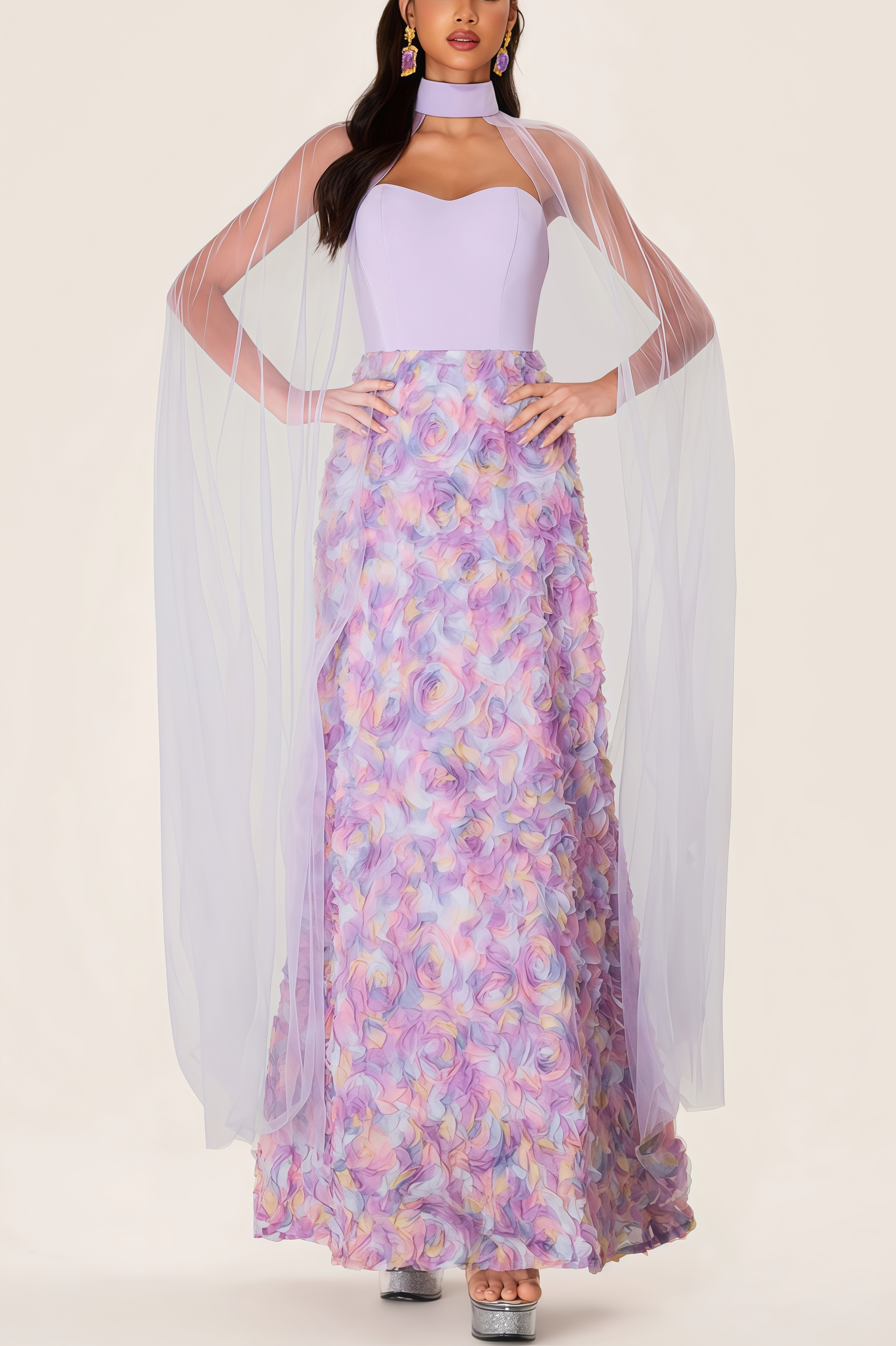 Maelan 3D Flower Heart Shape Neck Maxi Dress
