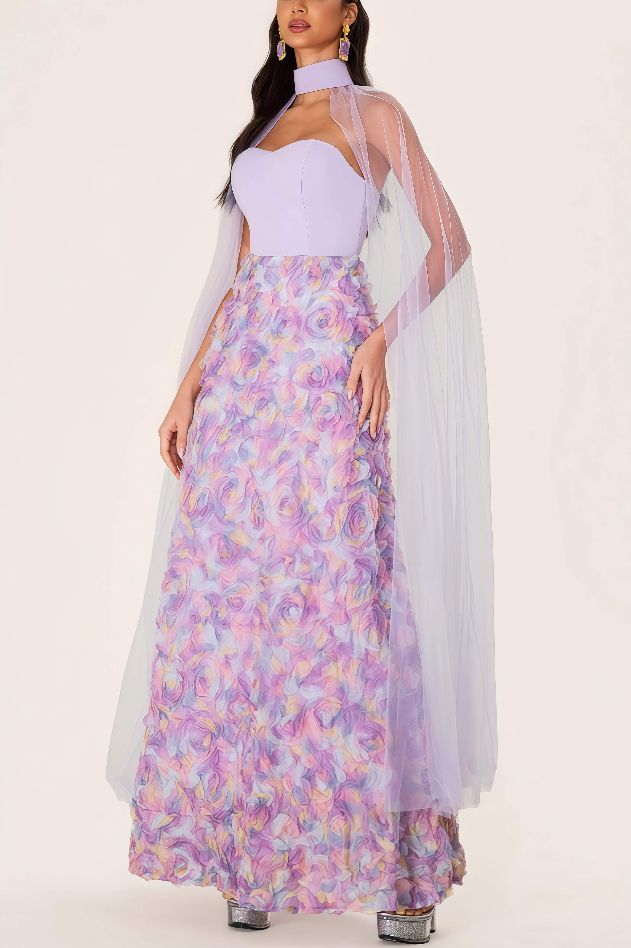 Maelan 3D Flower Heart Shape Neck Maxi Dress