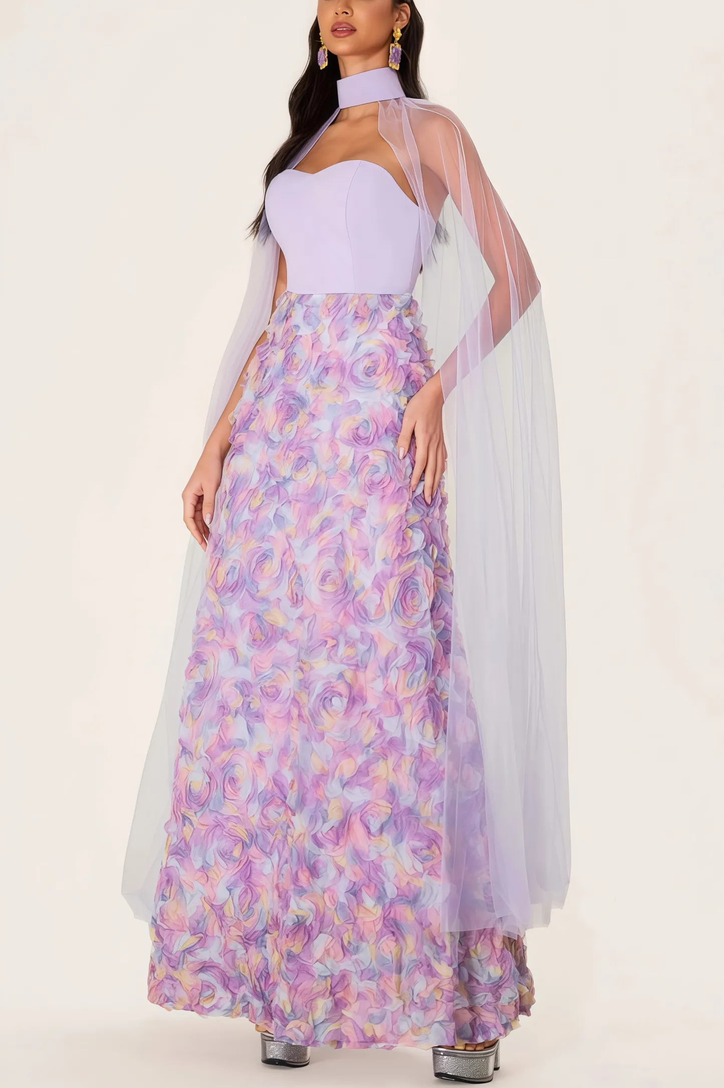 Maelan 3D Flower Heart Shape Neck Maxi Dress